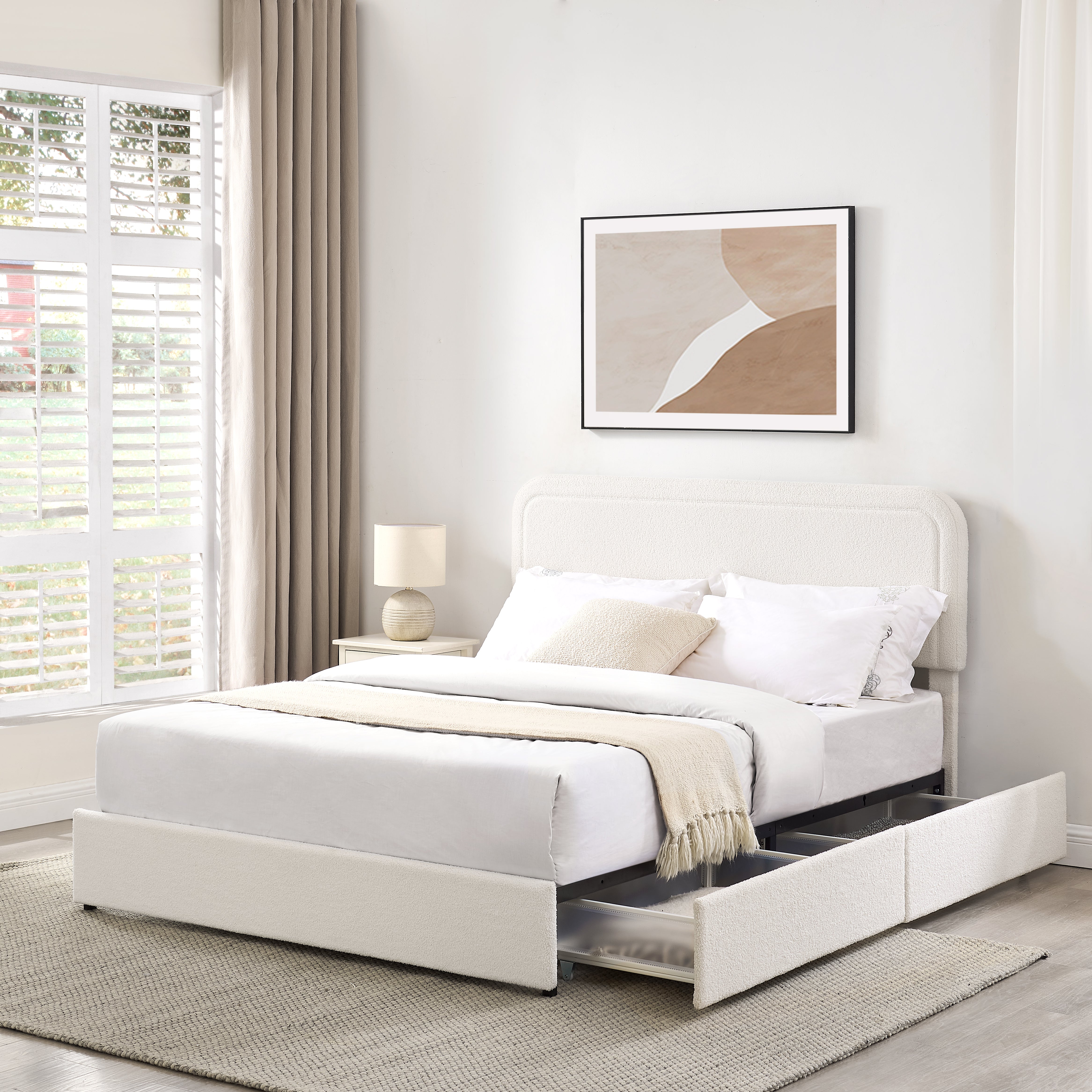 Queen Size Ivory Boucle Upholstered Platform Bed