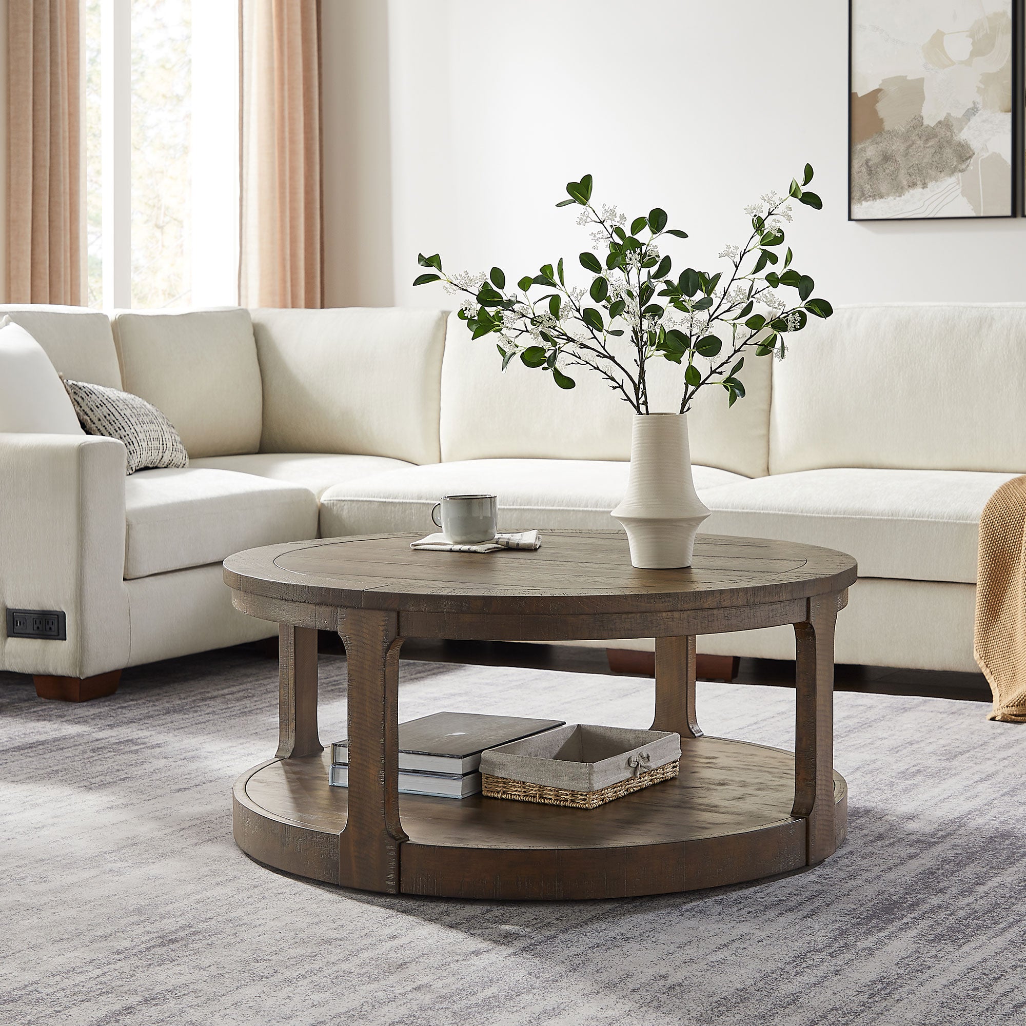 40 - inch 2 - Tier Traditional Round Wooden Coffee Table with Wheels