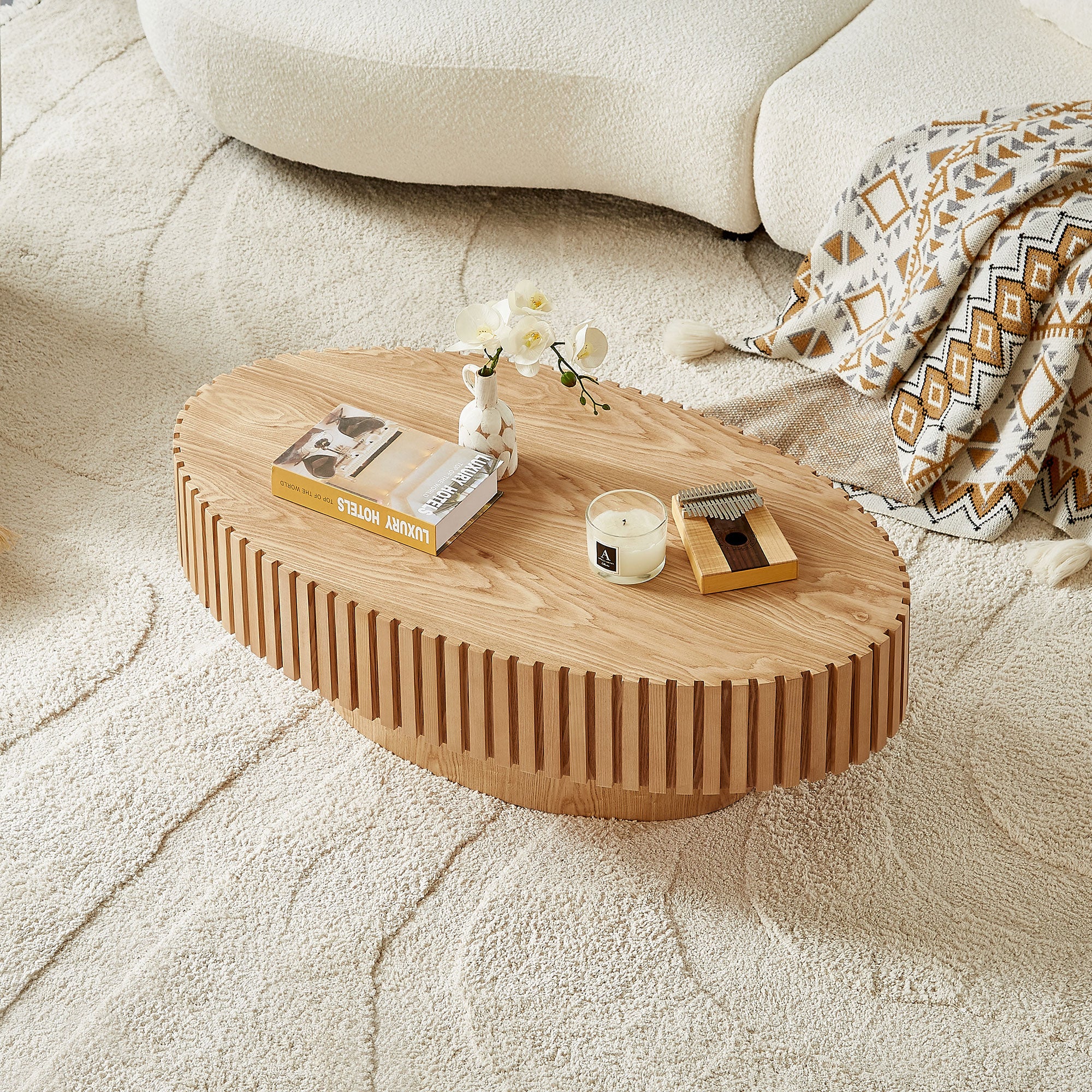 Modern Handcraft Drum Coffee Table | 43.7" Ellipse Coffee Table – Pedestal Base, Solid Wood Relief, Matt Black/Walnut/Natural Ash