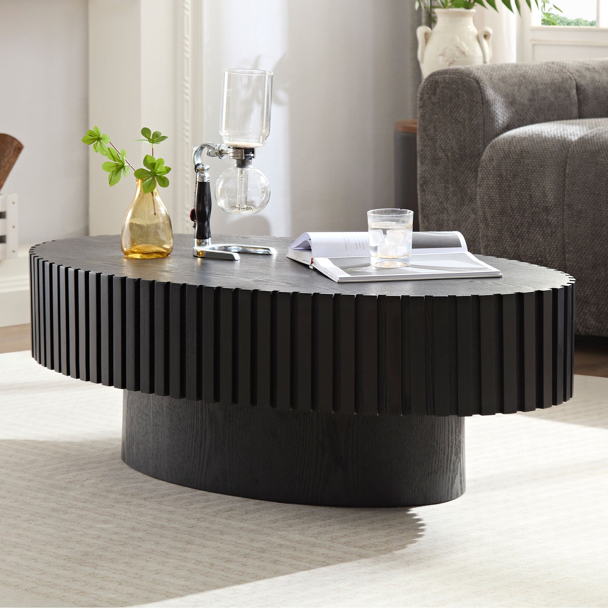 Modern Handcraft Drum Coffee Table | 43.7" Ellipse Coffee Table – Pedestal Base, Solid Wood Relief, Matt Black/Walnut/Natural Ash