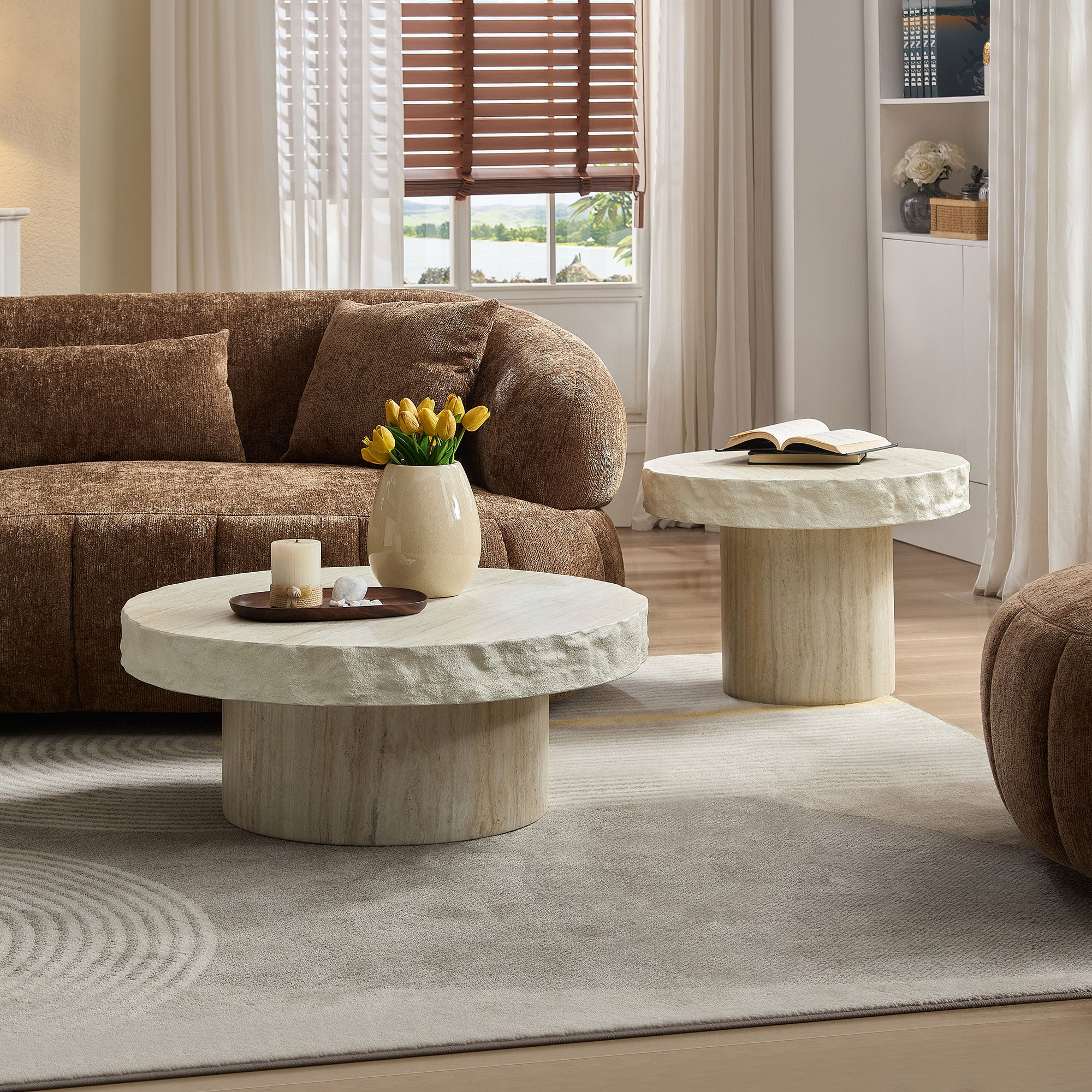 Set of 2 Faux MARS Textural Patterns Coffee Tables | No Assembly Needed – Fiberglass Round Tables for Living Room (Beige)