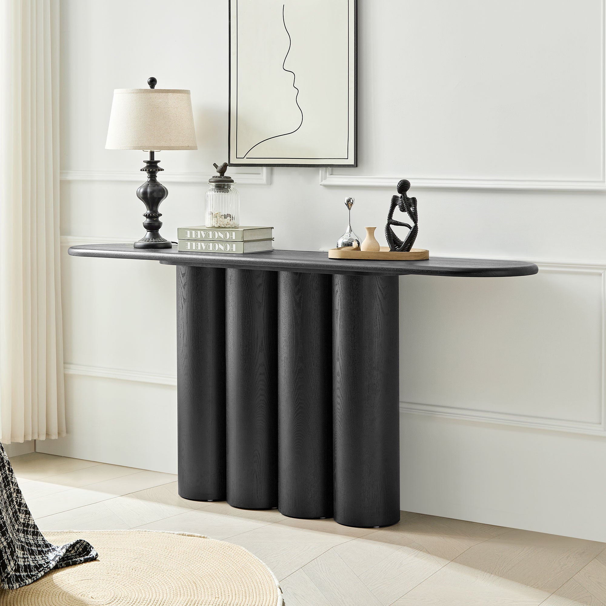 Modern Console Table for Entryway | Unique Cylinder Legs Design – 67" Wood Accent Table, Mid-Century Modern, Natural/Black