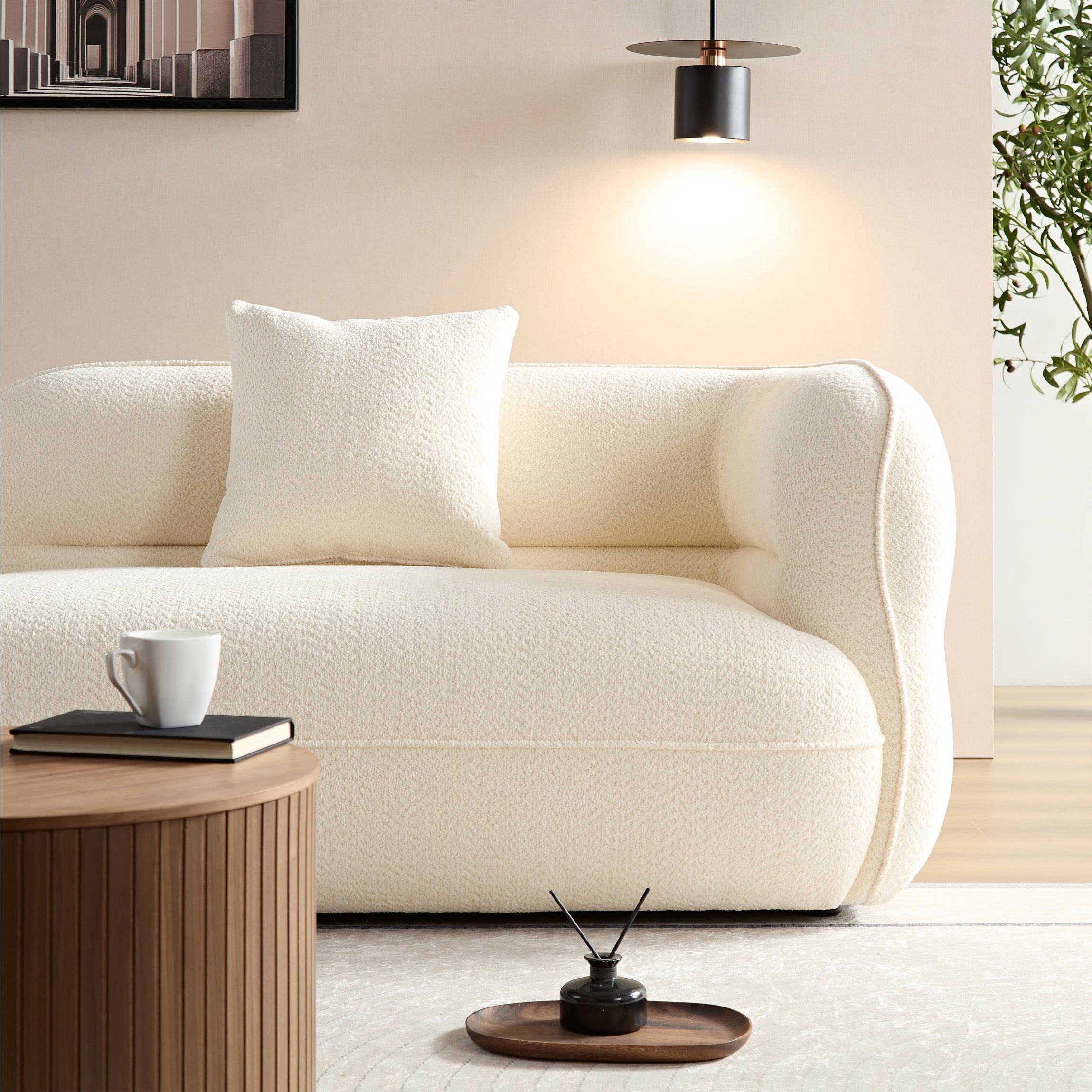 White Sectional Sofa: Durable Fabric, Solid Wood Frame - Ideal for Living Room