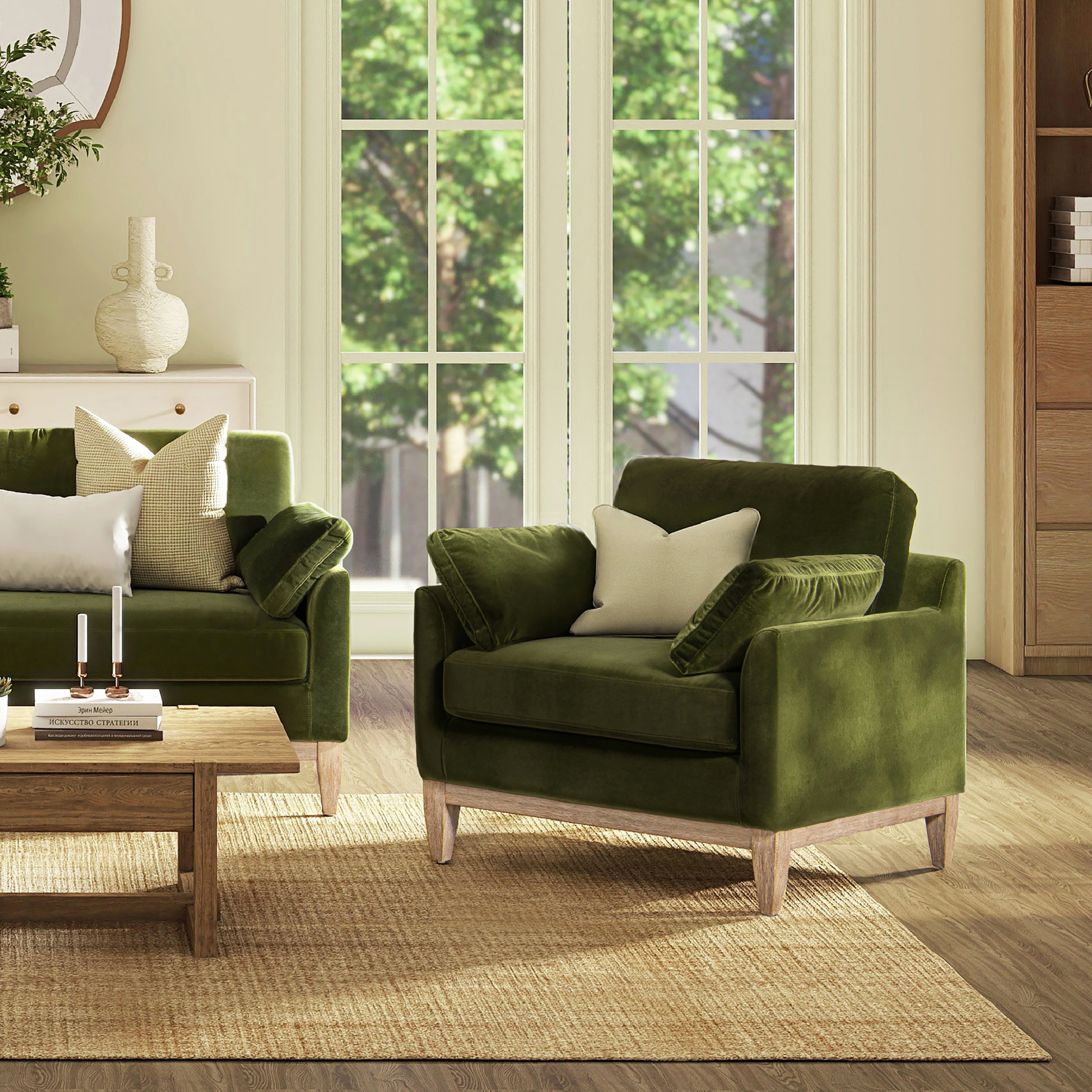 Olive Green Performance Velvet Sofa Chaise Lounge Chair and  Accent Arm Chair