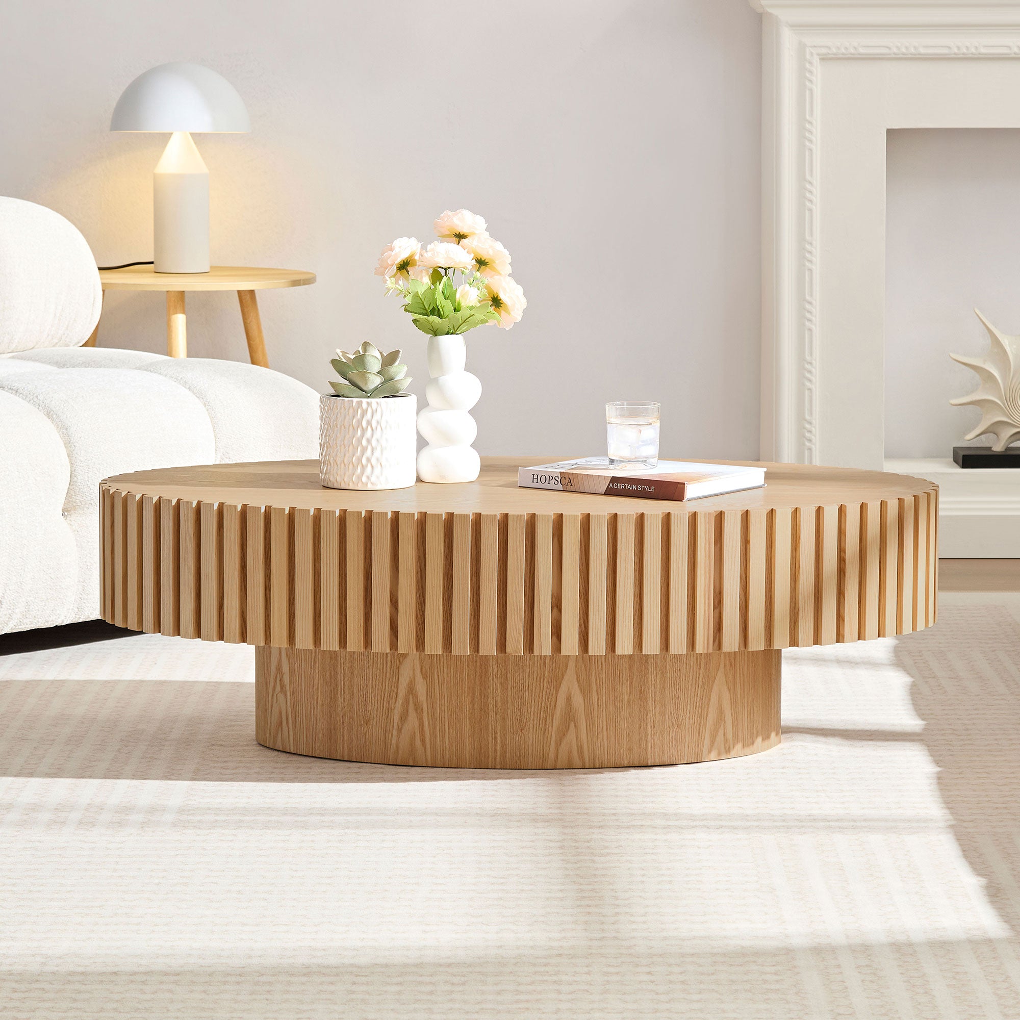 Modern Handcraft Drum Coffee Table | 43.7" Ellipse Coffee Table – Pedestal Base, Solid Wood Relief, Matt Black/Walnut/Natural Ash