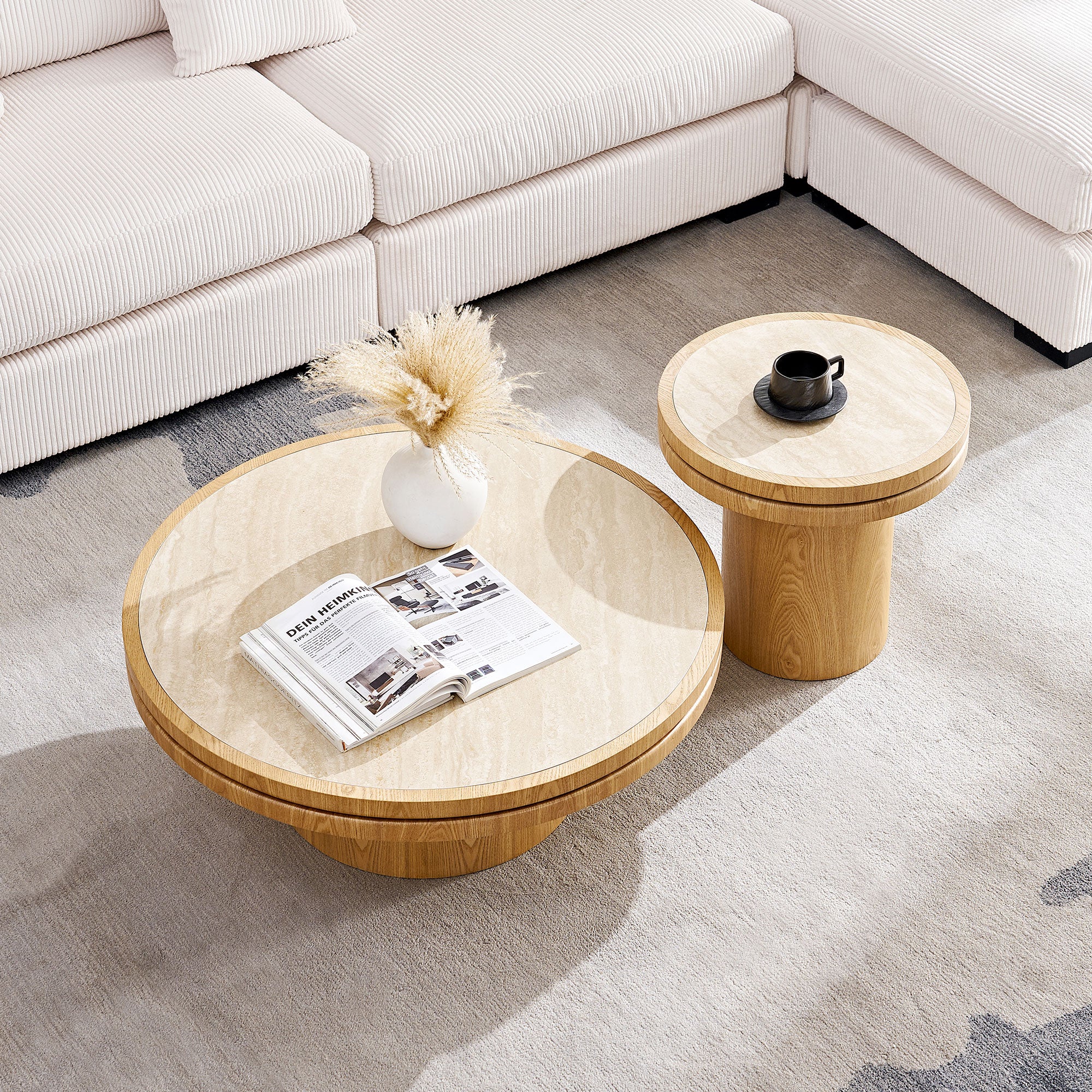Sintered Stone Round Coffee Table Set of 2 | MDF Base – Natural/Walnut Finish – Modern Living Room Nesting Tables