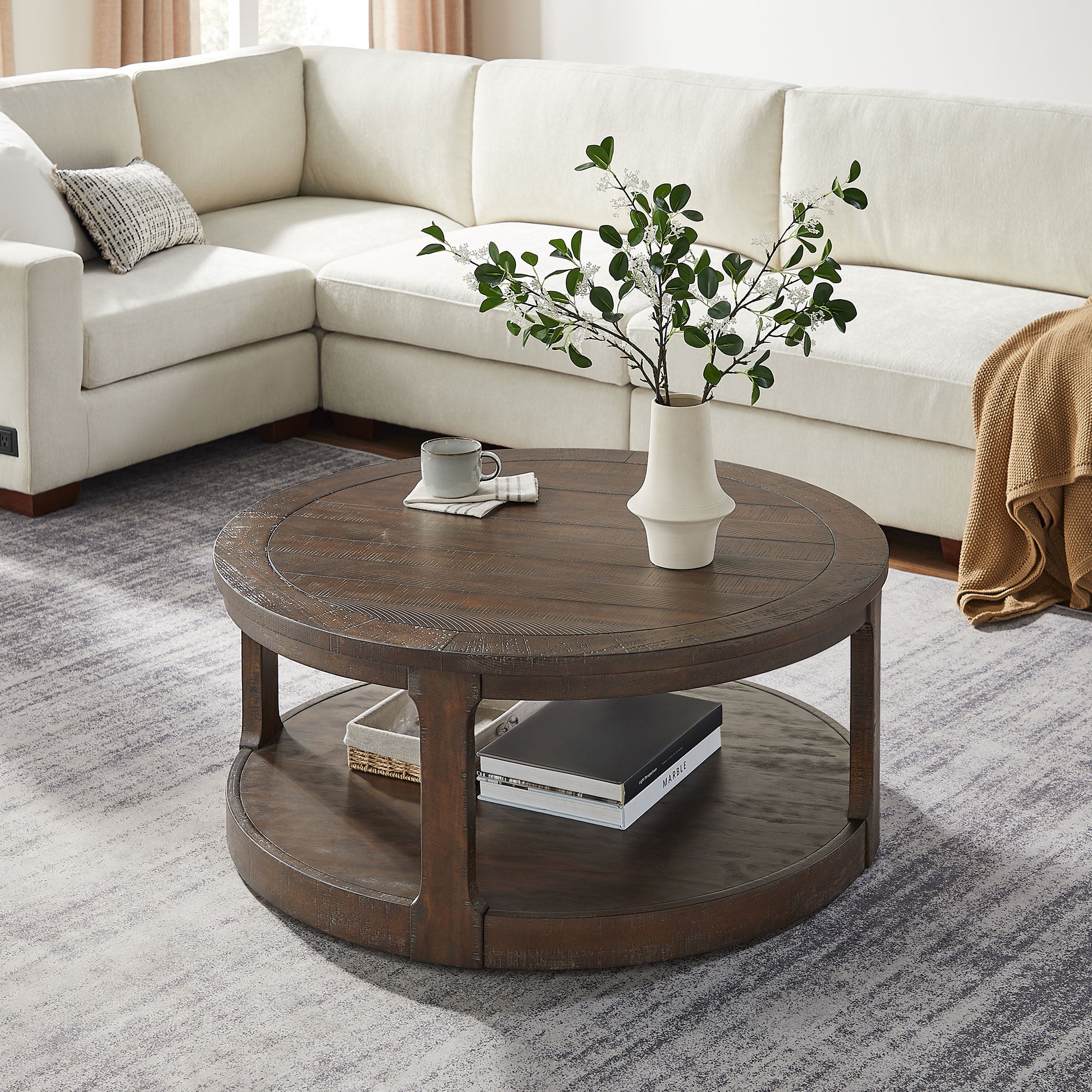 40 - inch 2 - Tier Traditional Round Wooden Coffee Table with Wheels