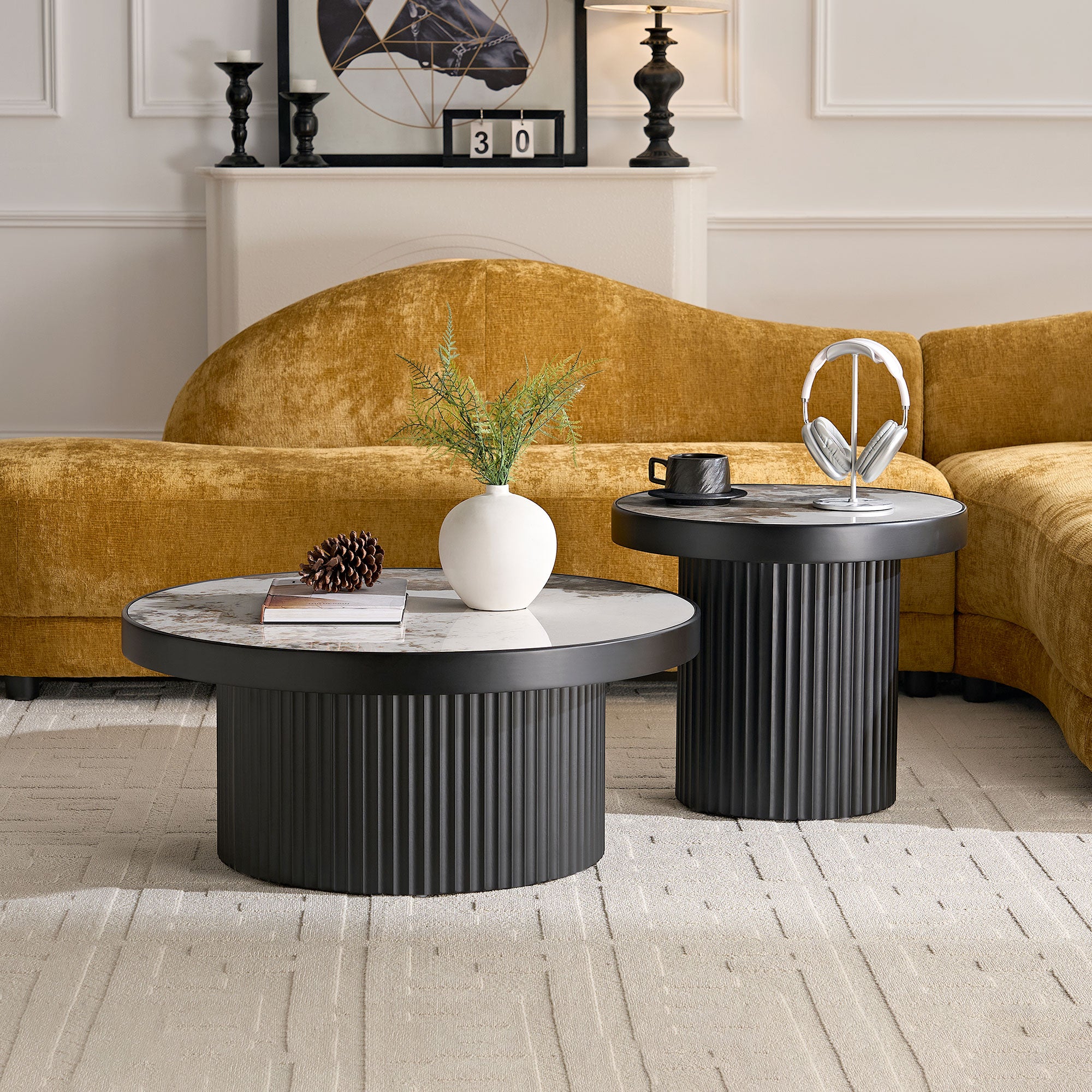 MDF Round Coffee Table Set of 2 | Nesting Tables – Walnut/Black, Mid-Century Modern, Space-Saving for Living Room