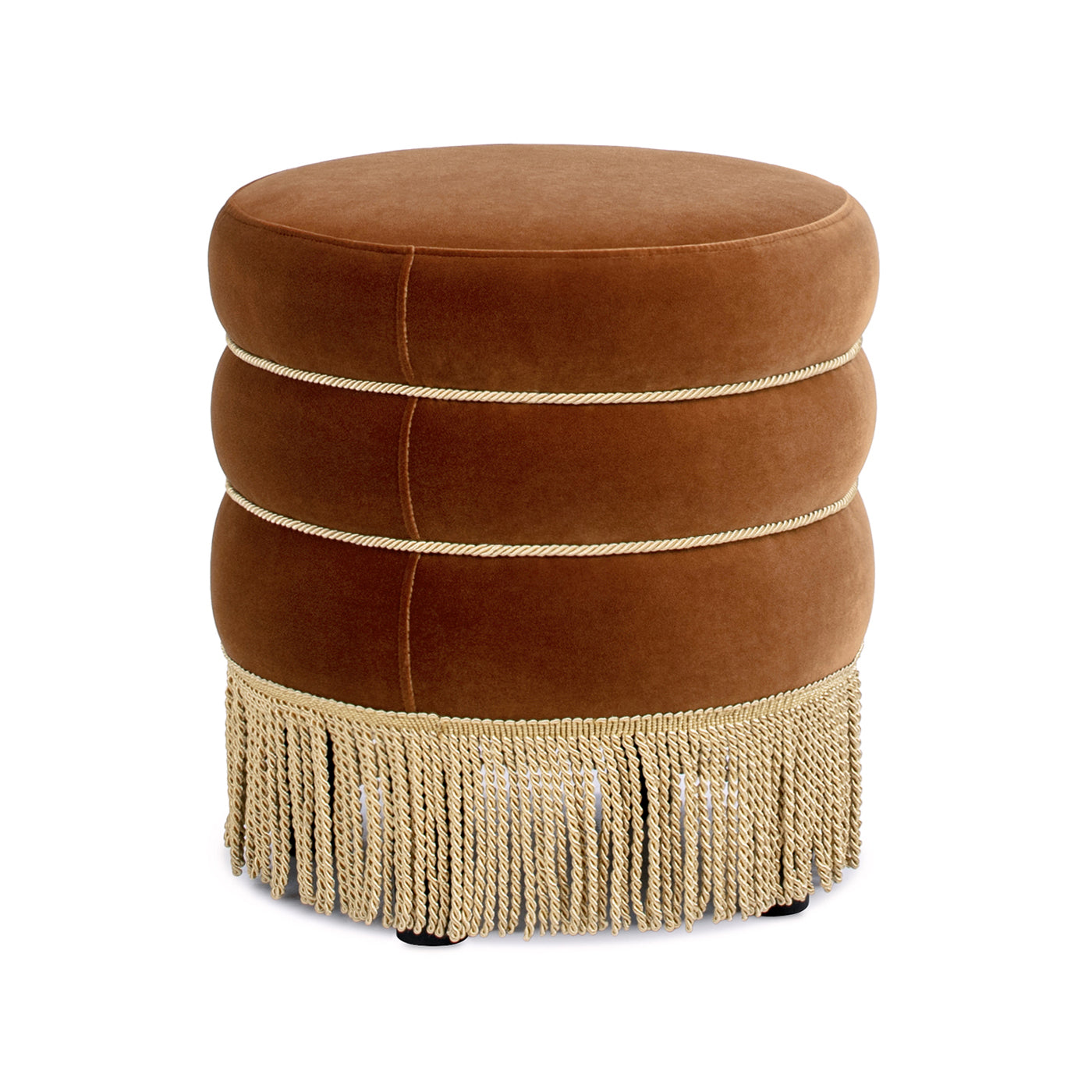 Round Upholstered Ottoman with Bullion Fringe Burnt