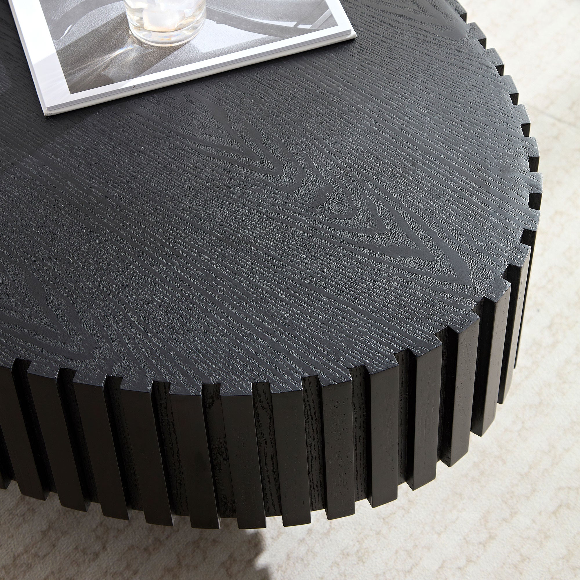 Modern Handcraft Drum Coffee Table | 43.7" Ellipse Coffee Table – Pedestal Base, Solid Wood Relief, Matt Black/Walnut/Natural Ash