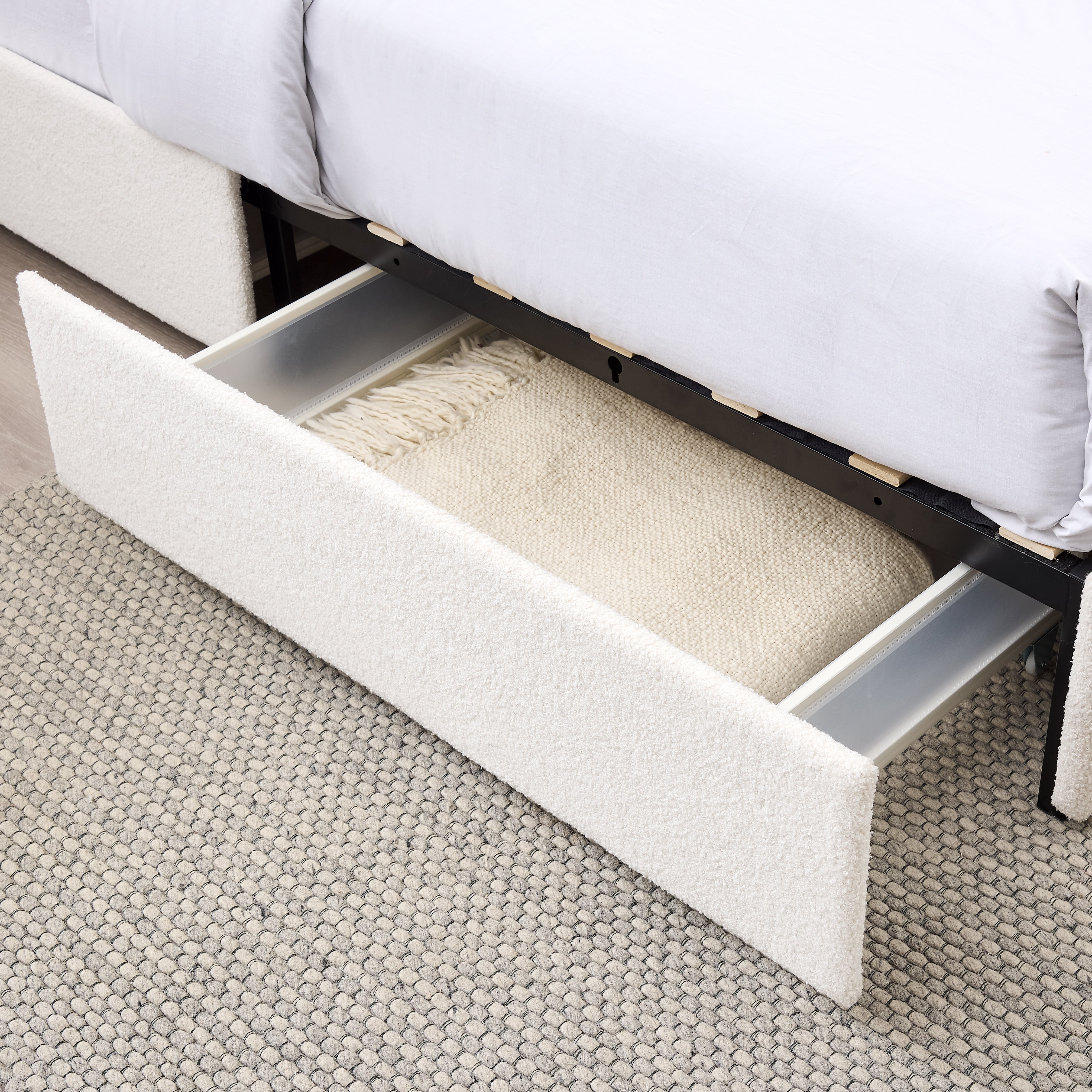 Queen Size Ivory Boucle Upholstered Platform Bed