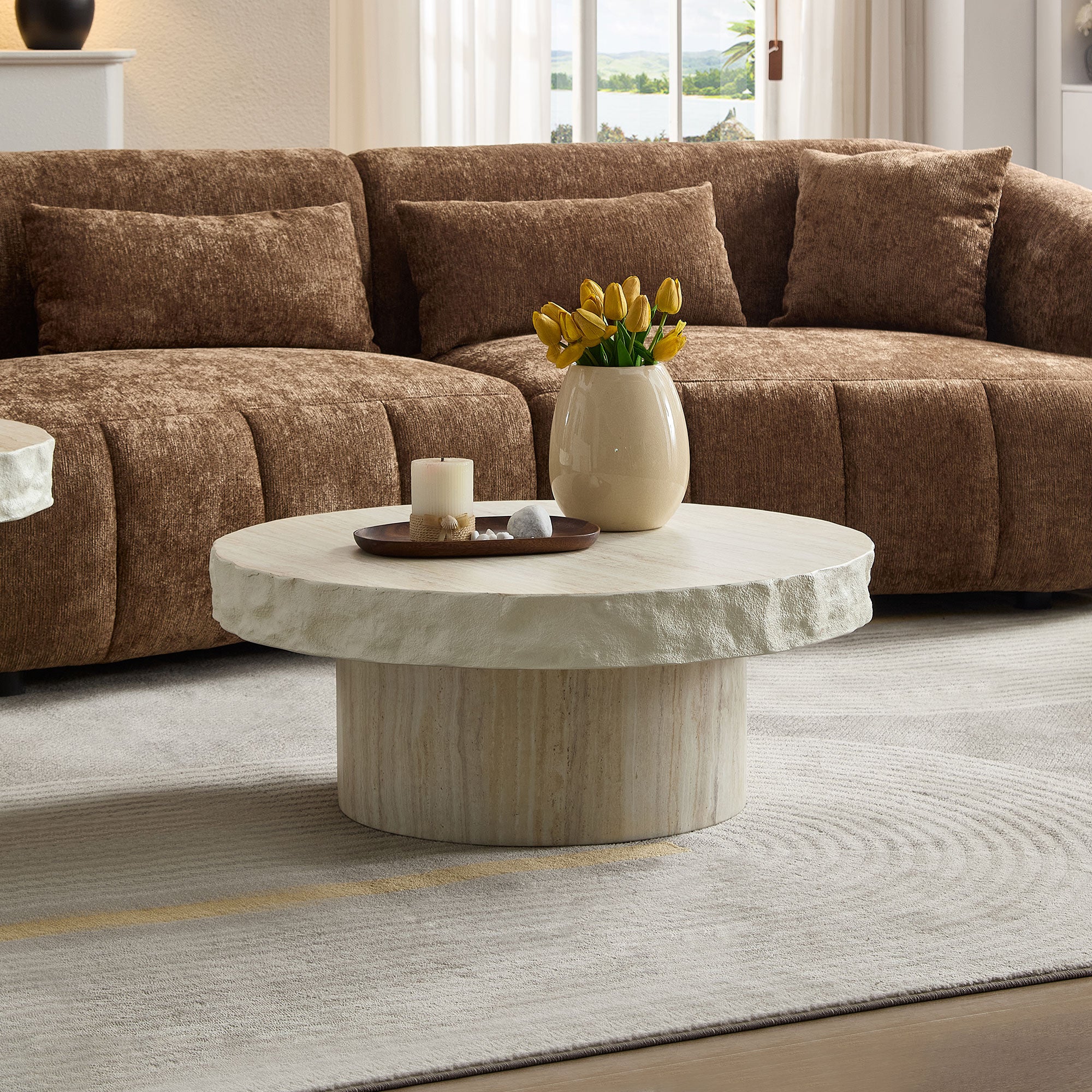 Set of 2 Faux MARS Textural Patterns Coffee Tables | No Assembly Needed – Fiberglass Round Tables for Living Room (Beige)