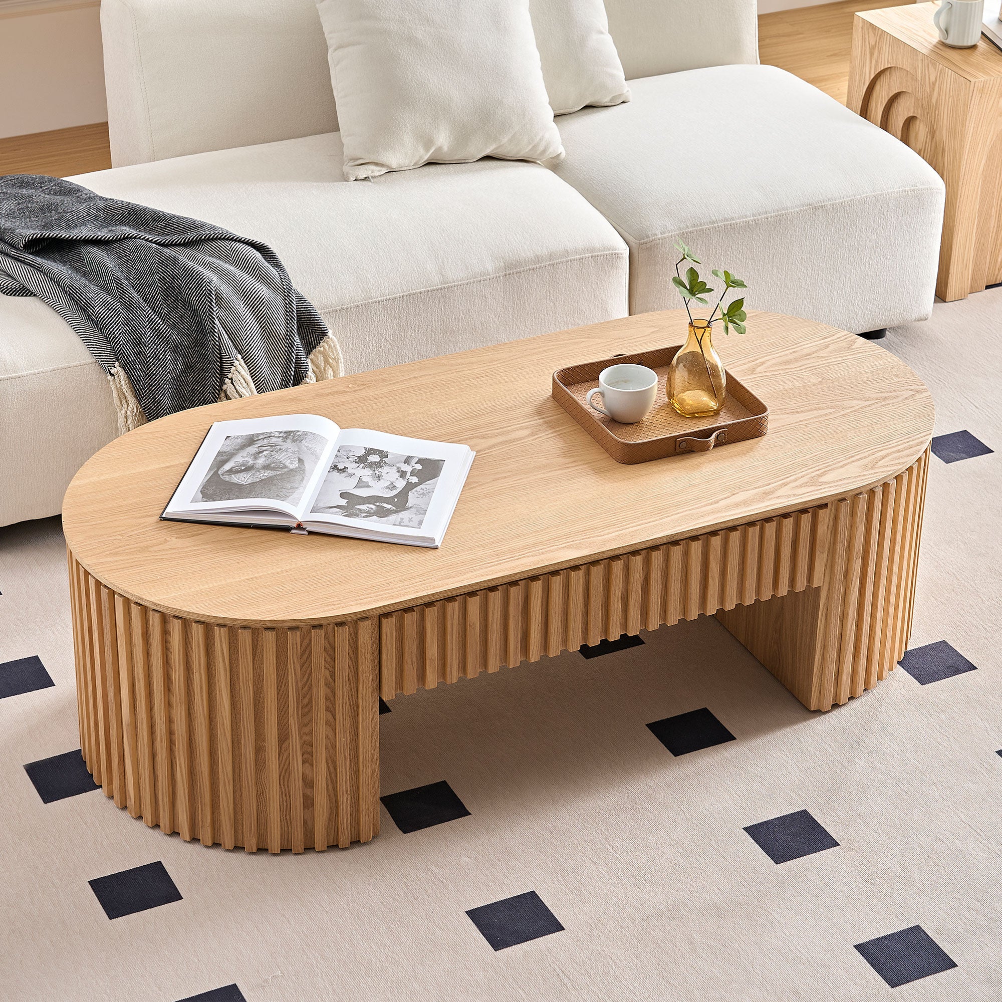 Oval Wood Coffee Table With Drawer Mid Century Modern Coffee Table Unique Coffee Table for Living Room Furniture, Tea Table
