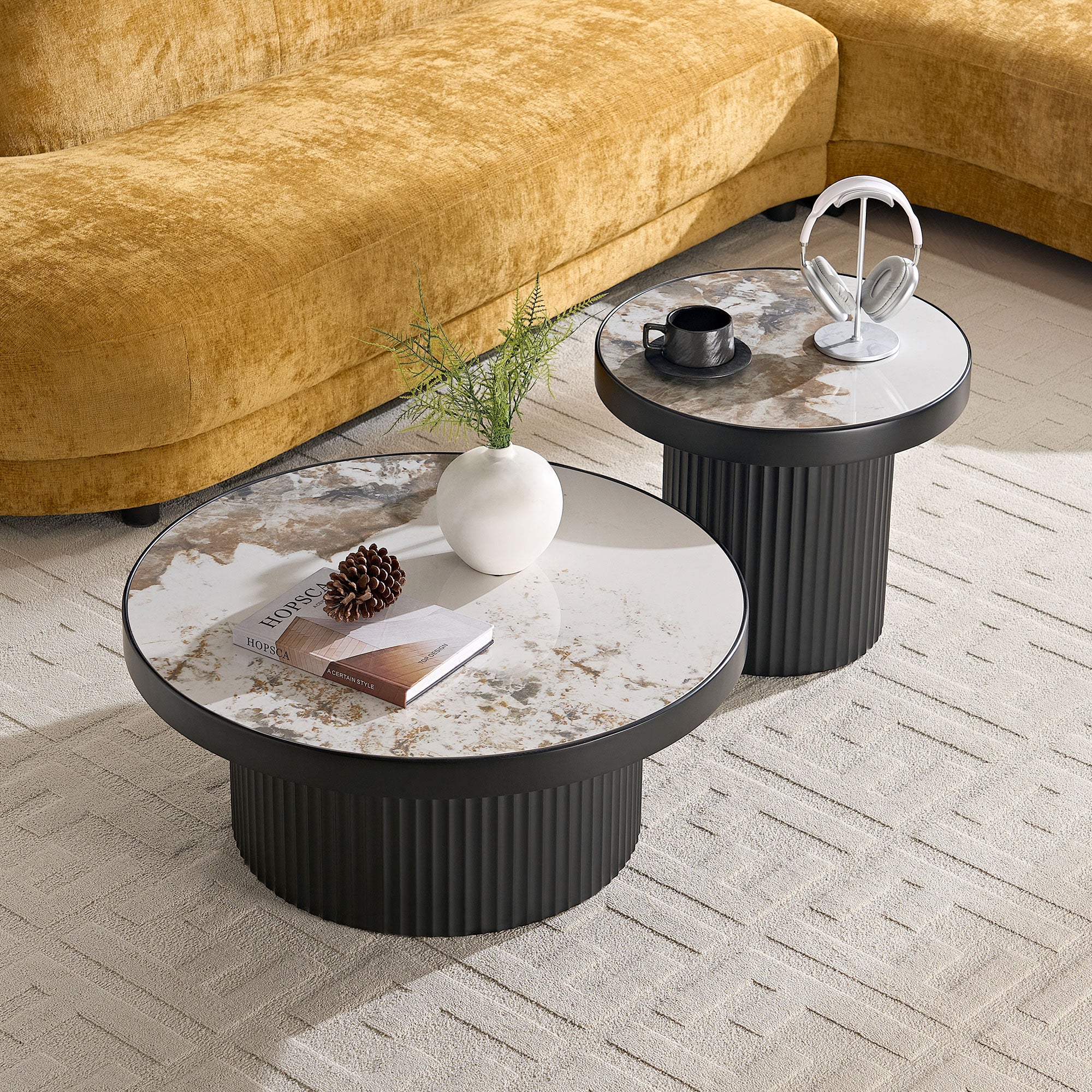 MDF Round Coffee Table Set of 2 | Nesting Tables – Walnut/Black, Mid-Century Modern, Space-Saving for Living Room