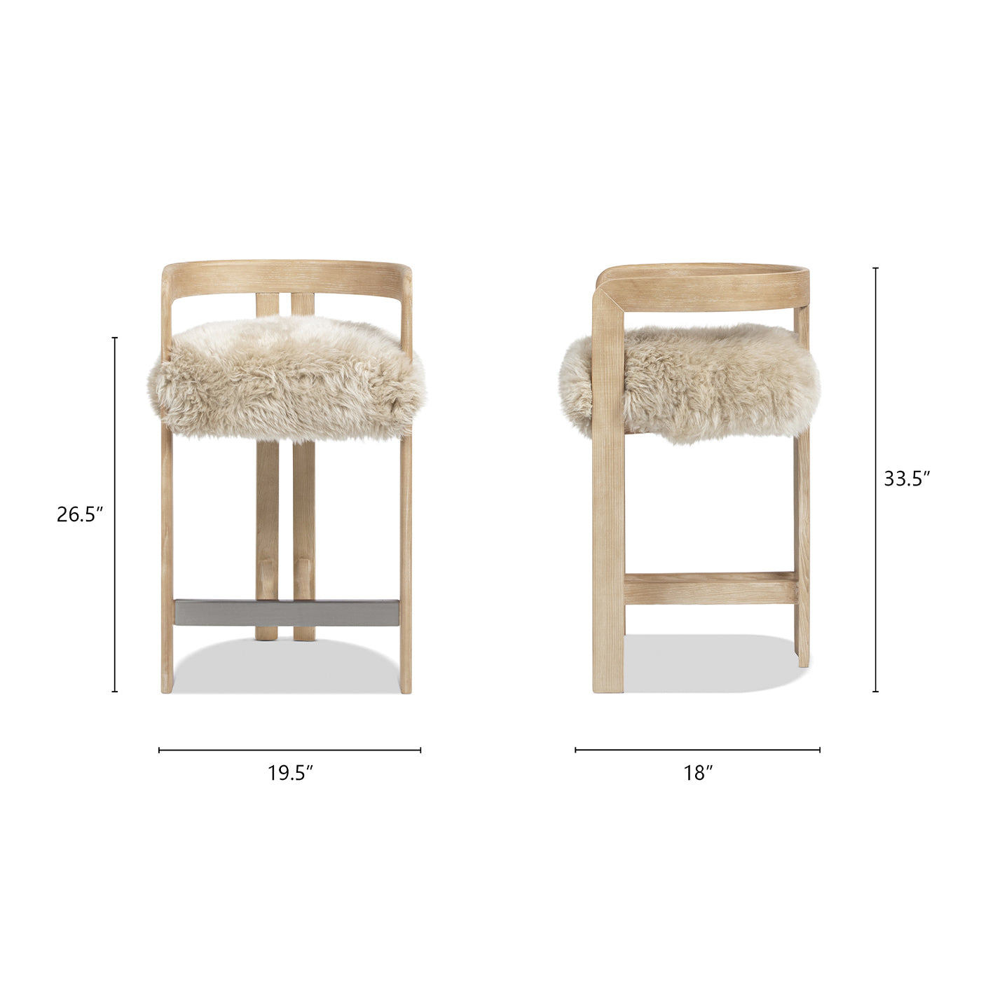 Low Back Genuine Fur Counter Stool | Solid Ash Wood Frame, New Zealand Sheepskin – 26.5" Seat Height, Rustic Blonde Finish