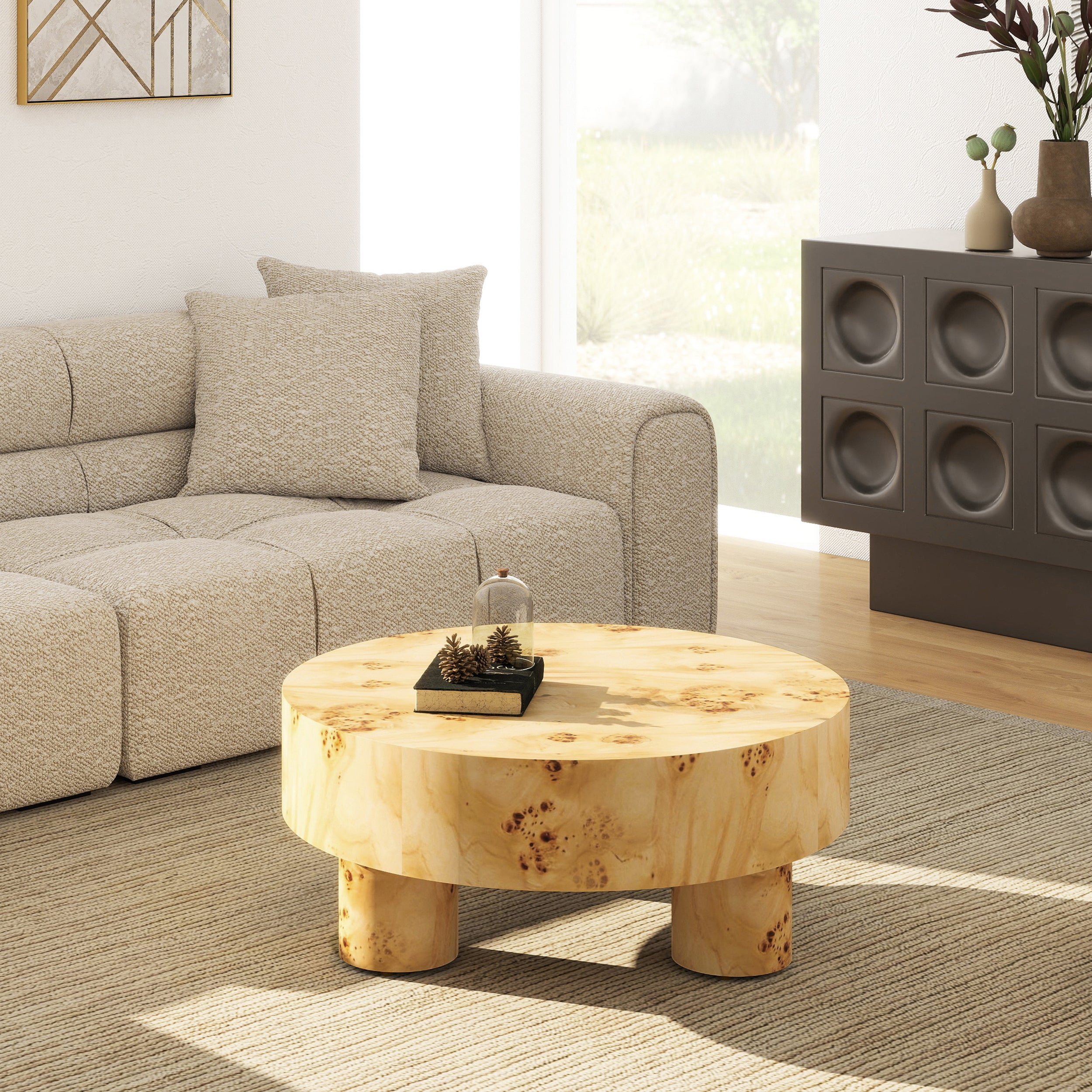 Round Pillar Leg Coffee Table | Burl Wood Veneer, 35.5" Round Top – Three Sturdy Legs, Natural Wood Character