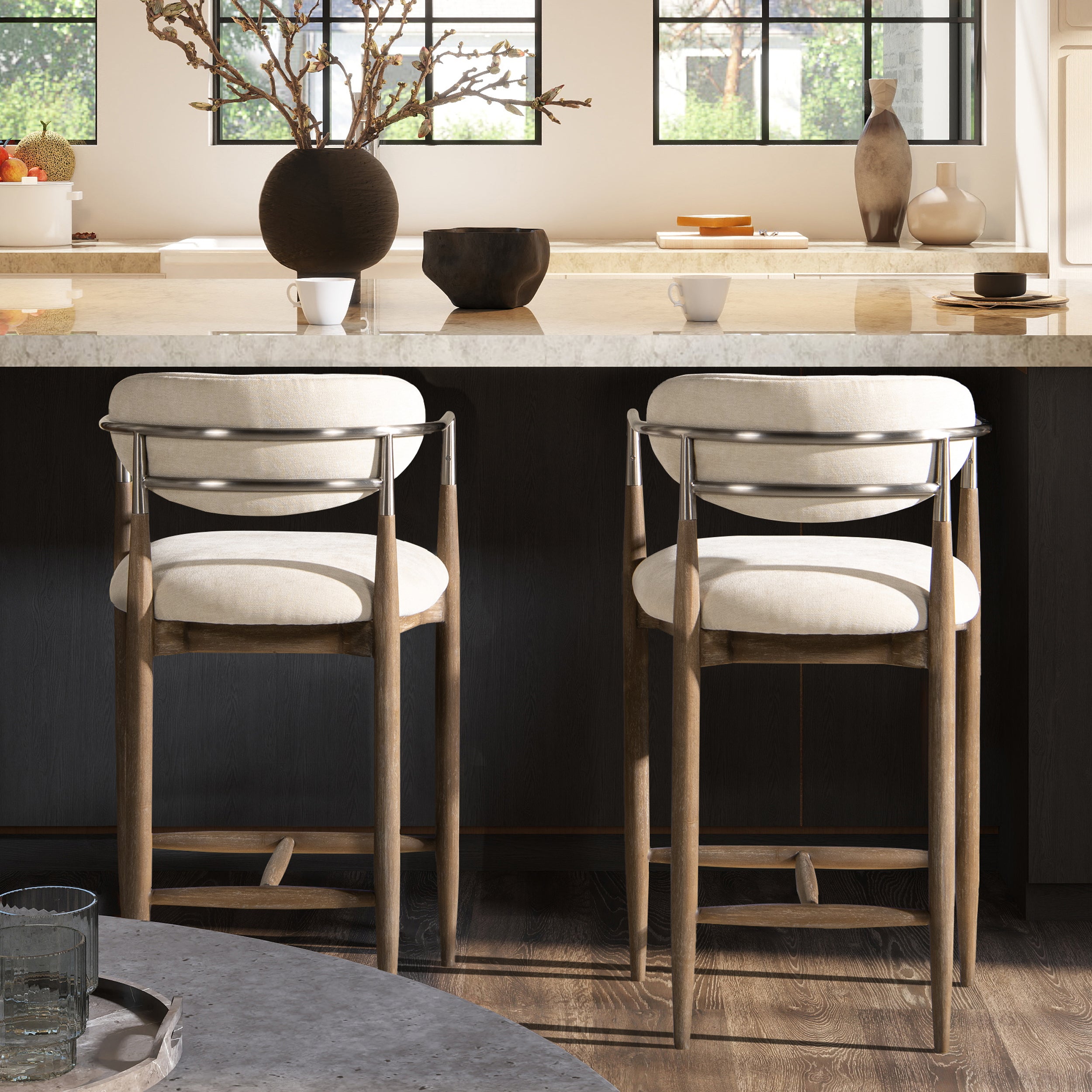 Upholstered Dining Arm Chair, Warm White Chenille/Counter Stool