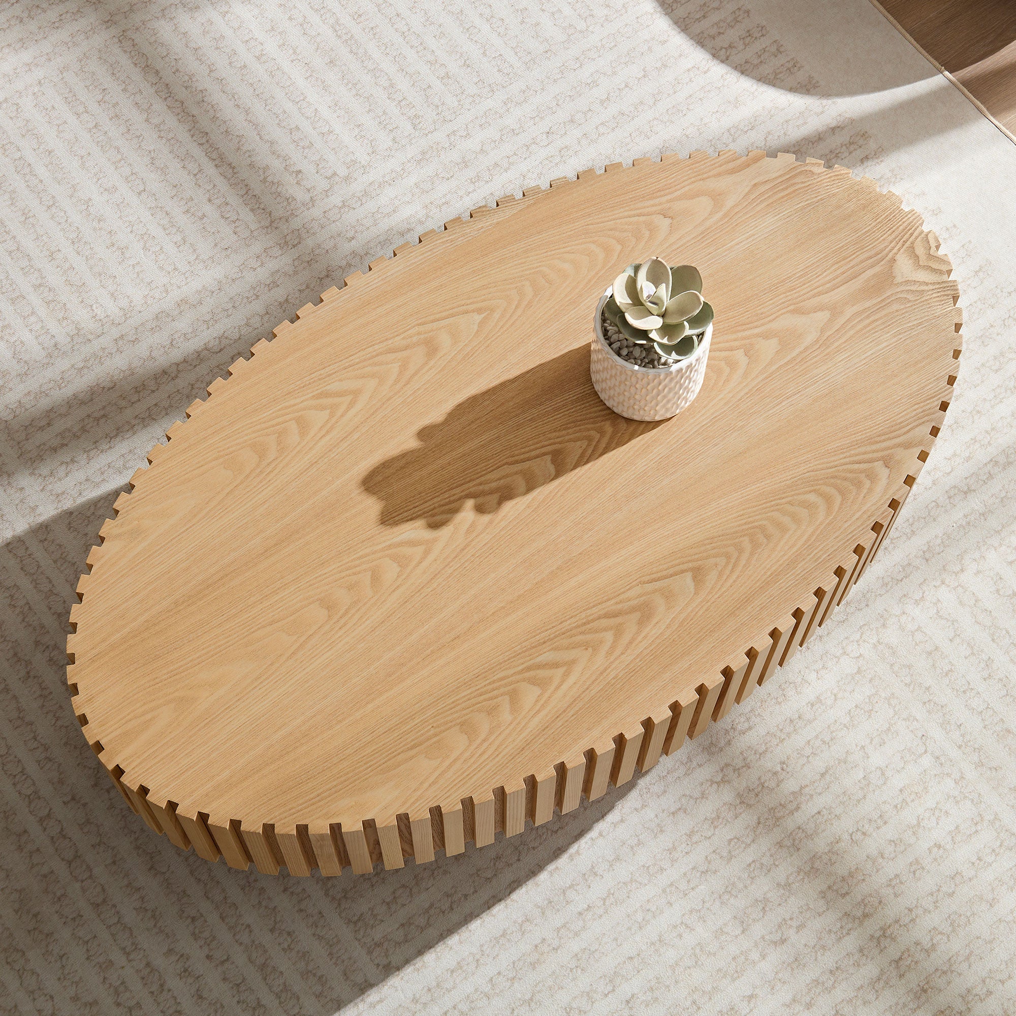 Modern Handcraft Drum Coffee Table | 43.7" Ellipse Coffee Table – Pedestal Base, Solid Wood Relief, Matt Black/Walnut/Natural Ash