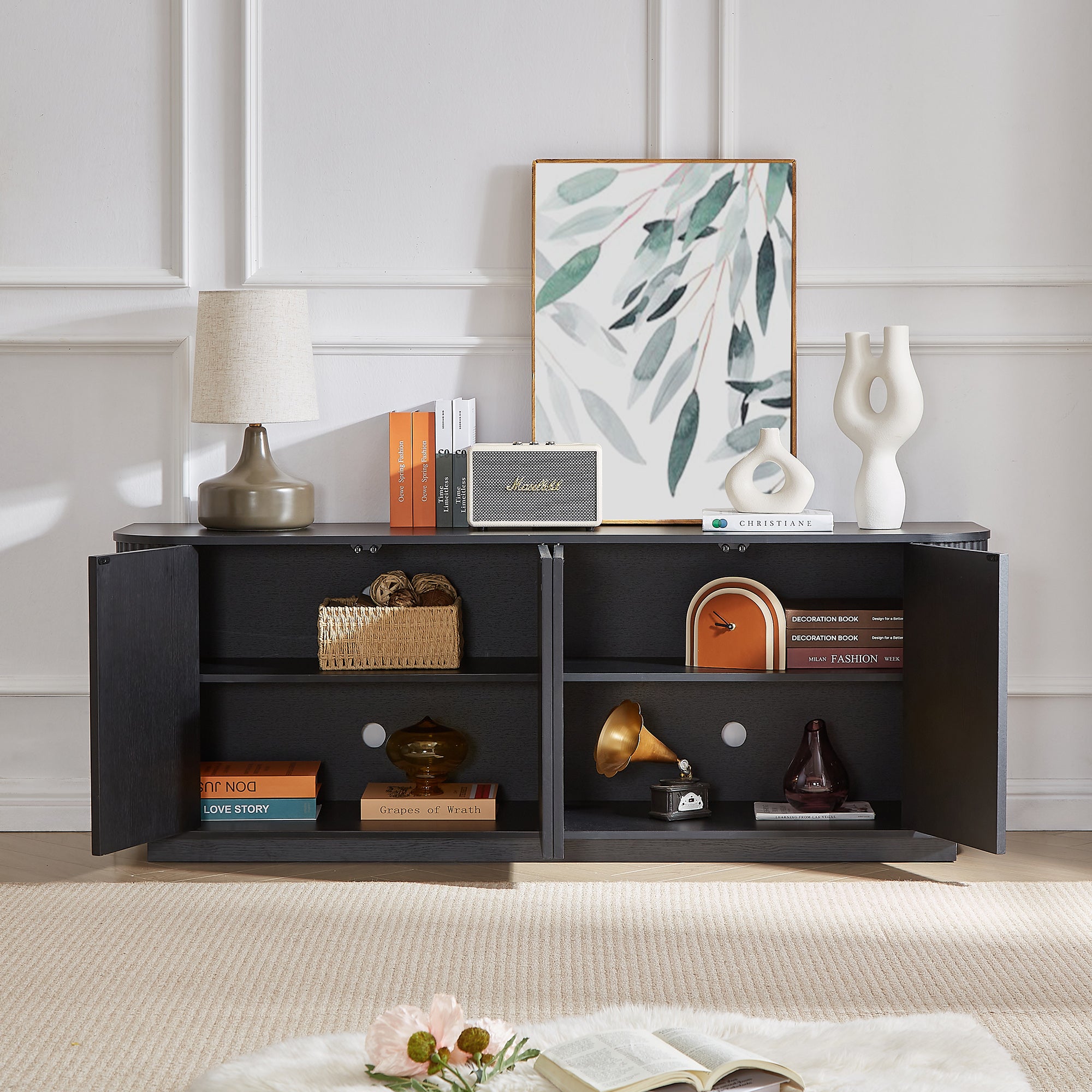 Kitchen, Bedroom & Entryway Essential: Sideboard TV Stand with Wave Pattern, Wooden Vertical Stripes