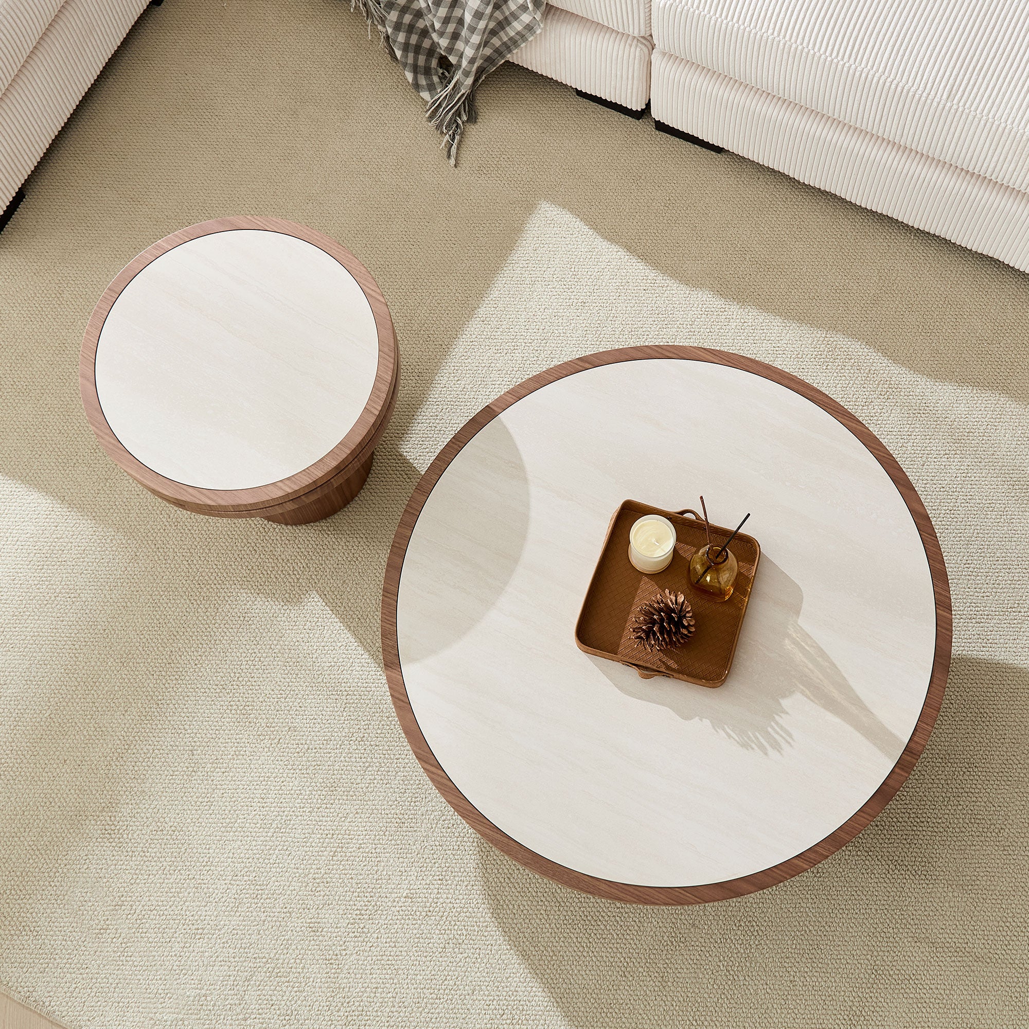 Sintered Stone Round Coffee Table Set of 2 | MDF Base – Natural/Walnut Finish – Modern Living Room Nesting Tables