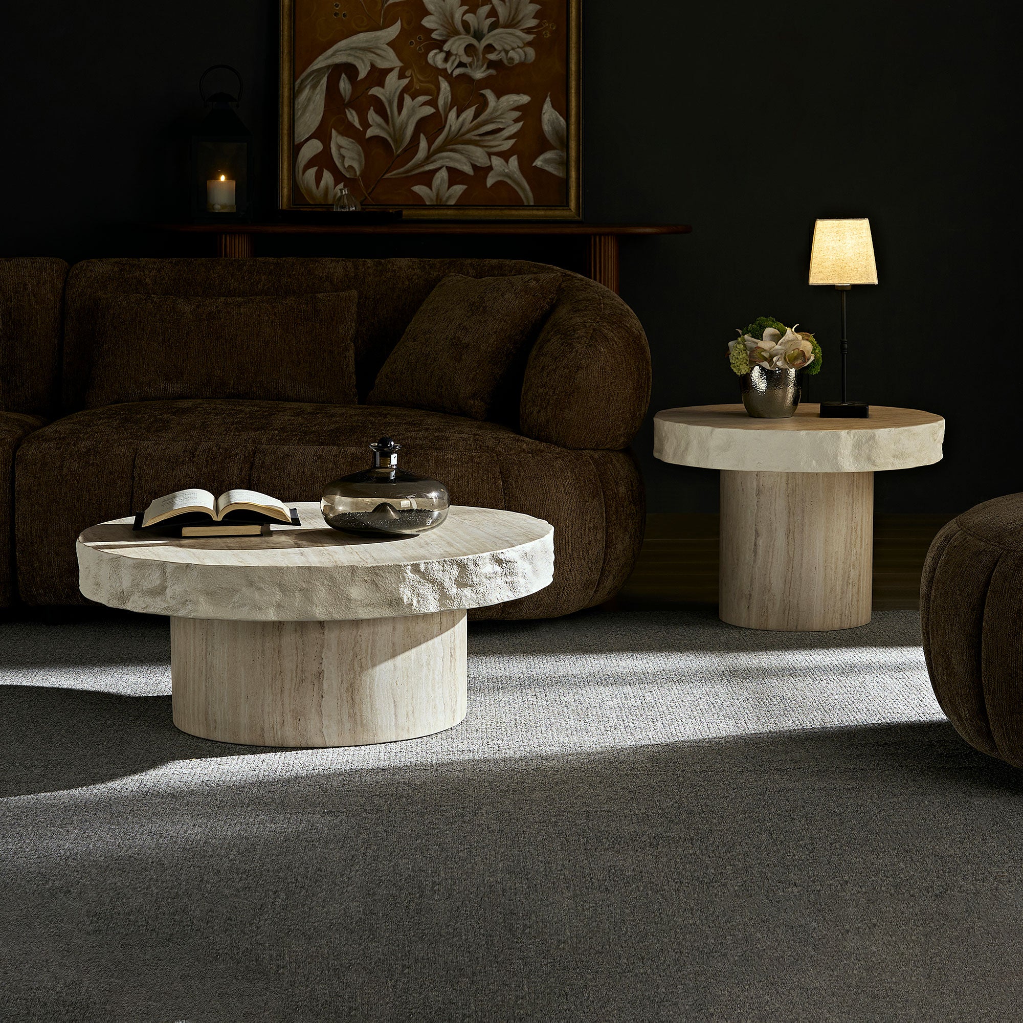 Set of 2 Faux MARS Textural Patterns Coffee Tables | No Assembly Needed – Fiberglass Round Tables for Living Room (Beige)