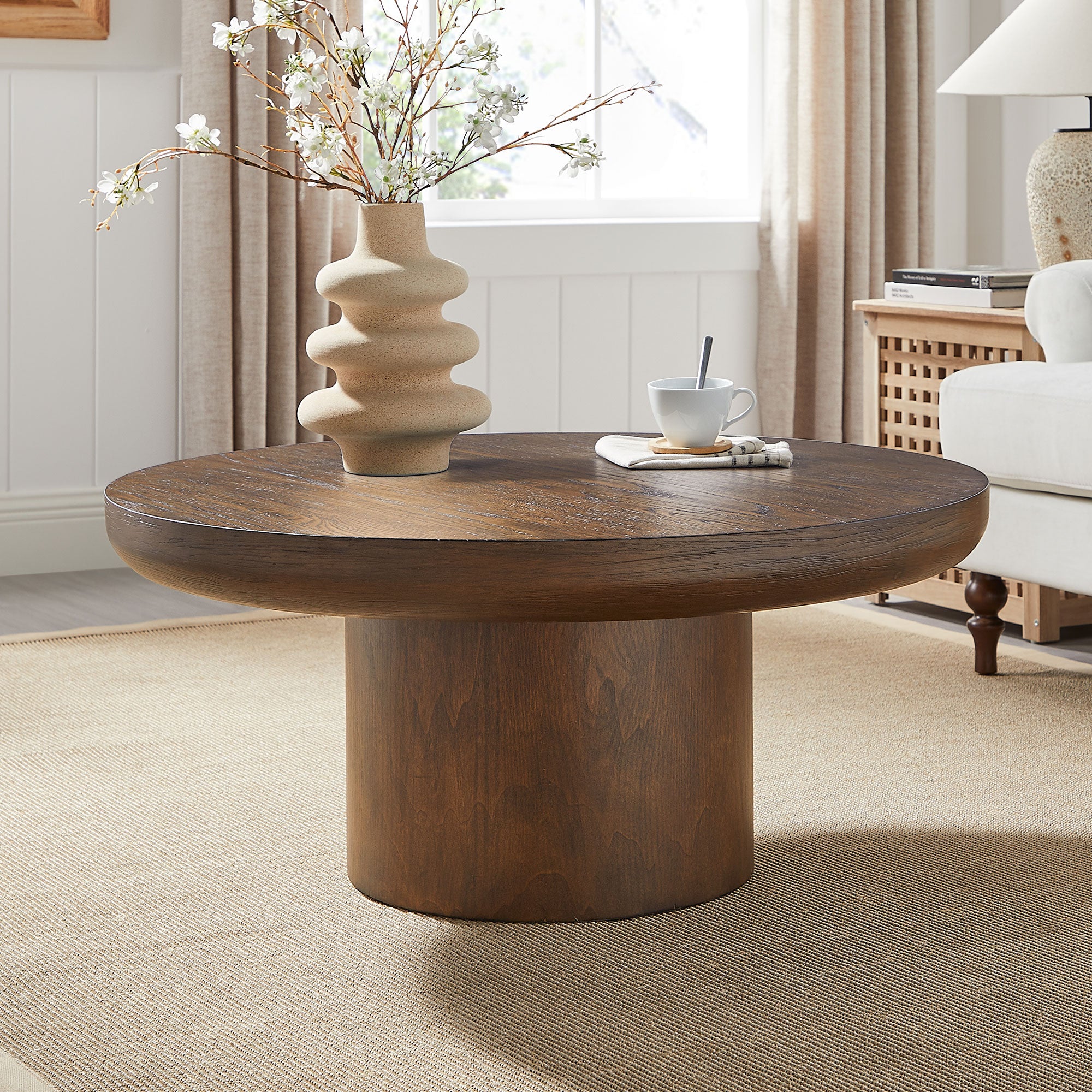 35.98 - inch Round Coffee Table: Cylindrical Leg, Wood Veneer for Living & Office