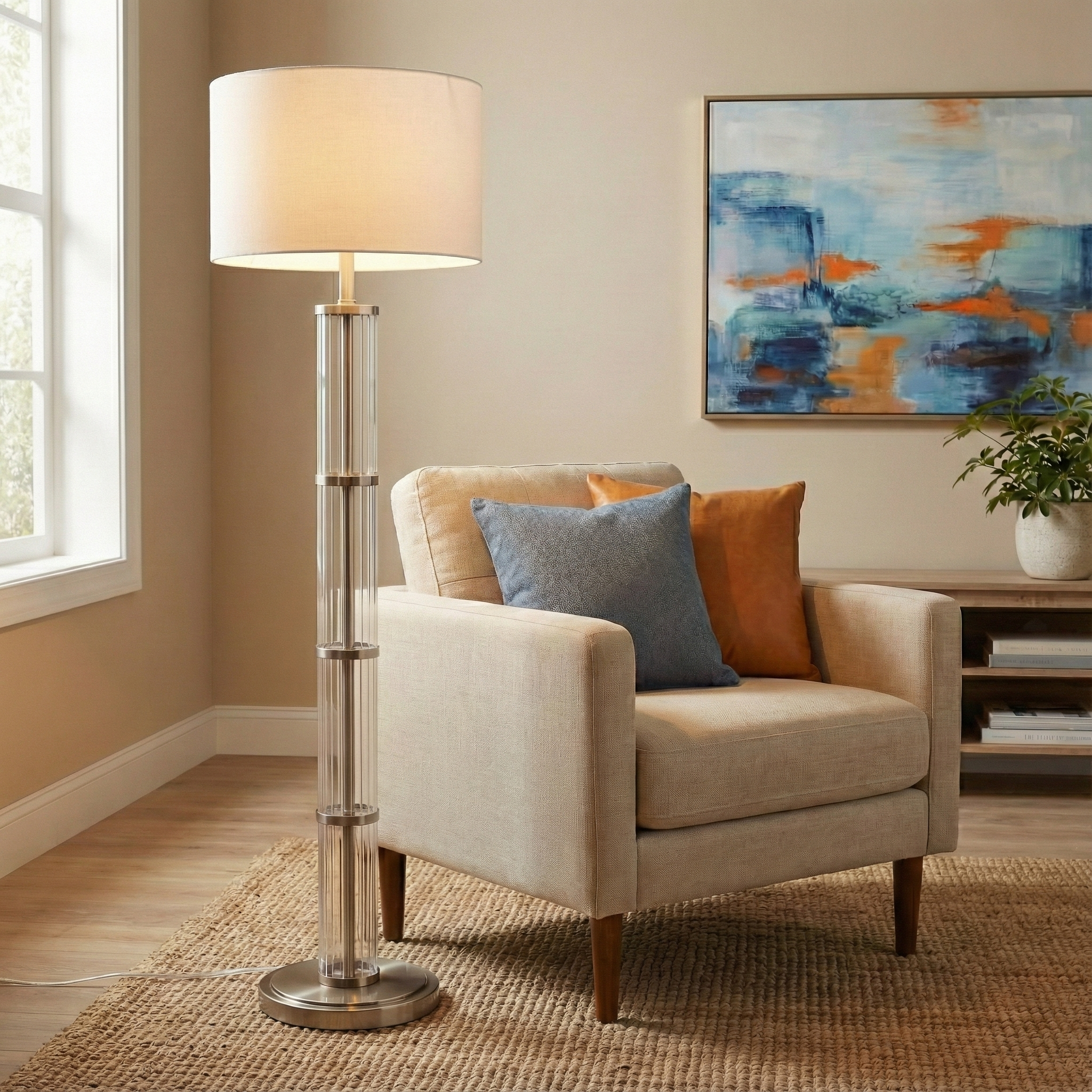 Brushed Nickel Floor Lamp | 63" Tall with 3-Way Rotary Switch, Clear Glass Body, Metal Base – White Drum Shade for Living Room