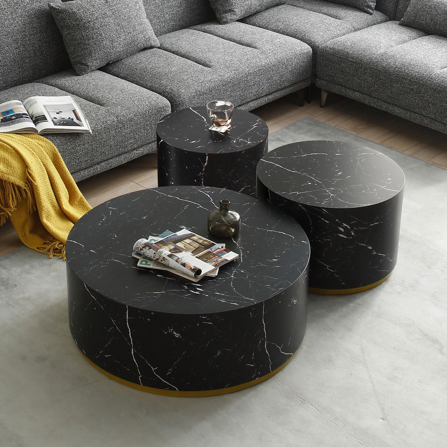 Wood End Table with Gold Rim Bottom & Marble Texture