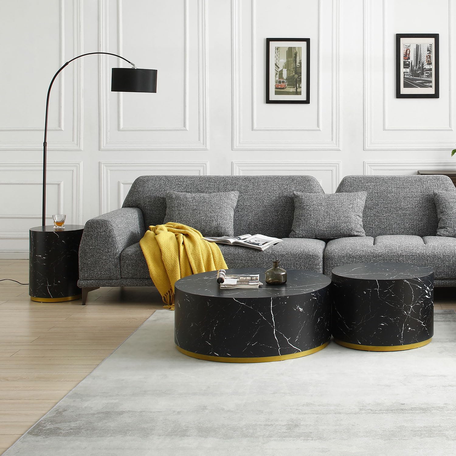 Wood End Table with Gold Rim Bottom & Marble Texture