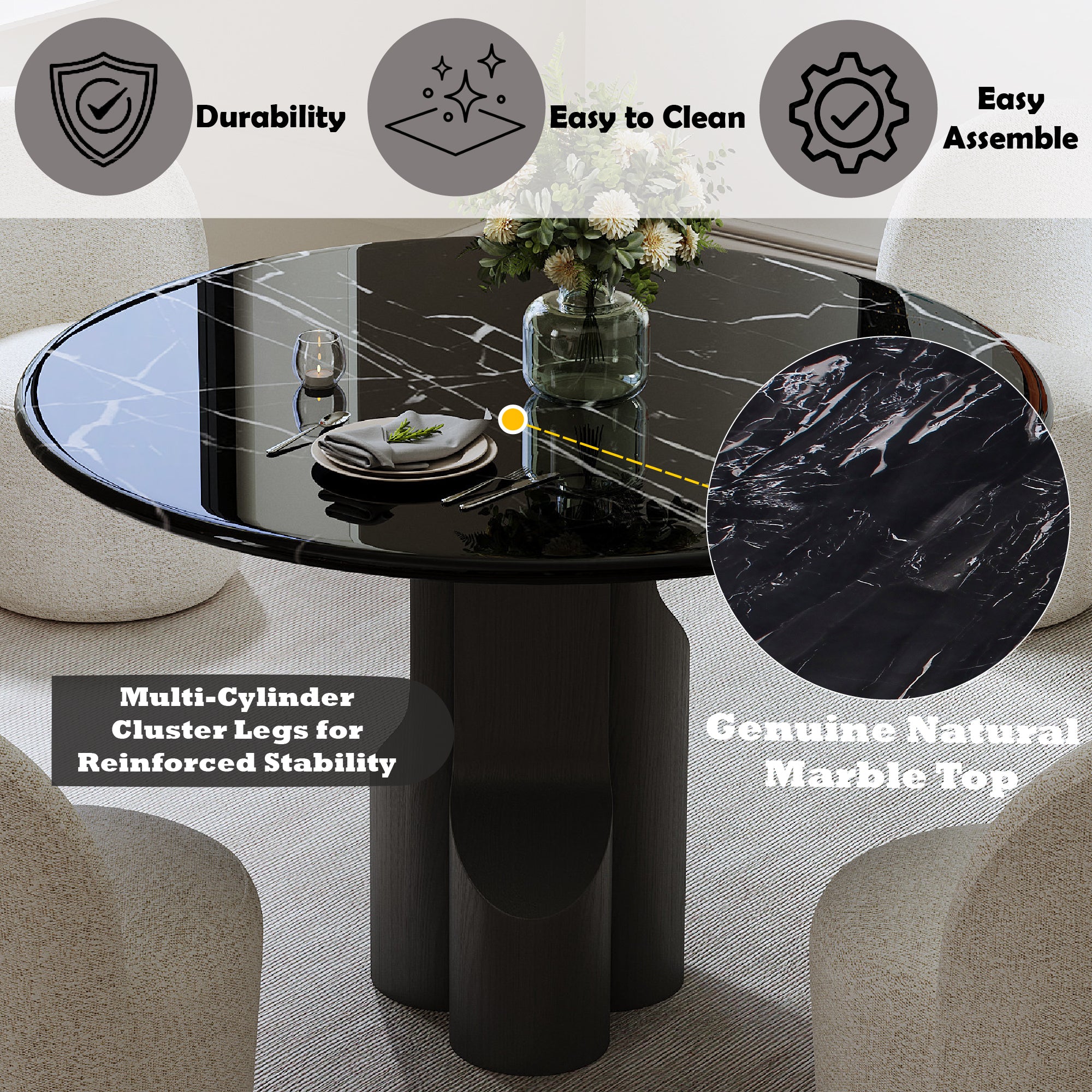 Natural Marble Top & Black Mercana Round Dining Table