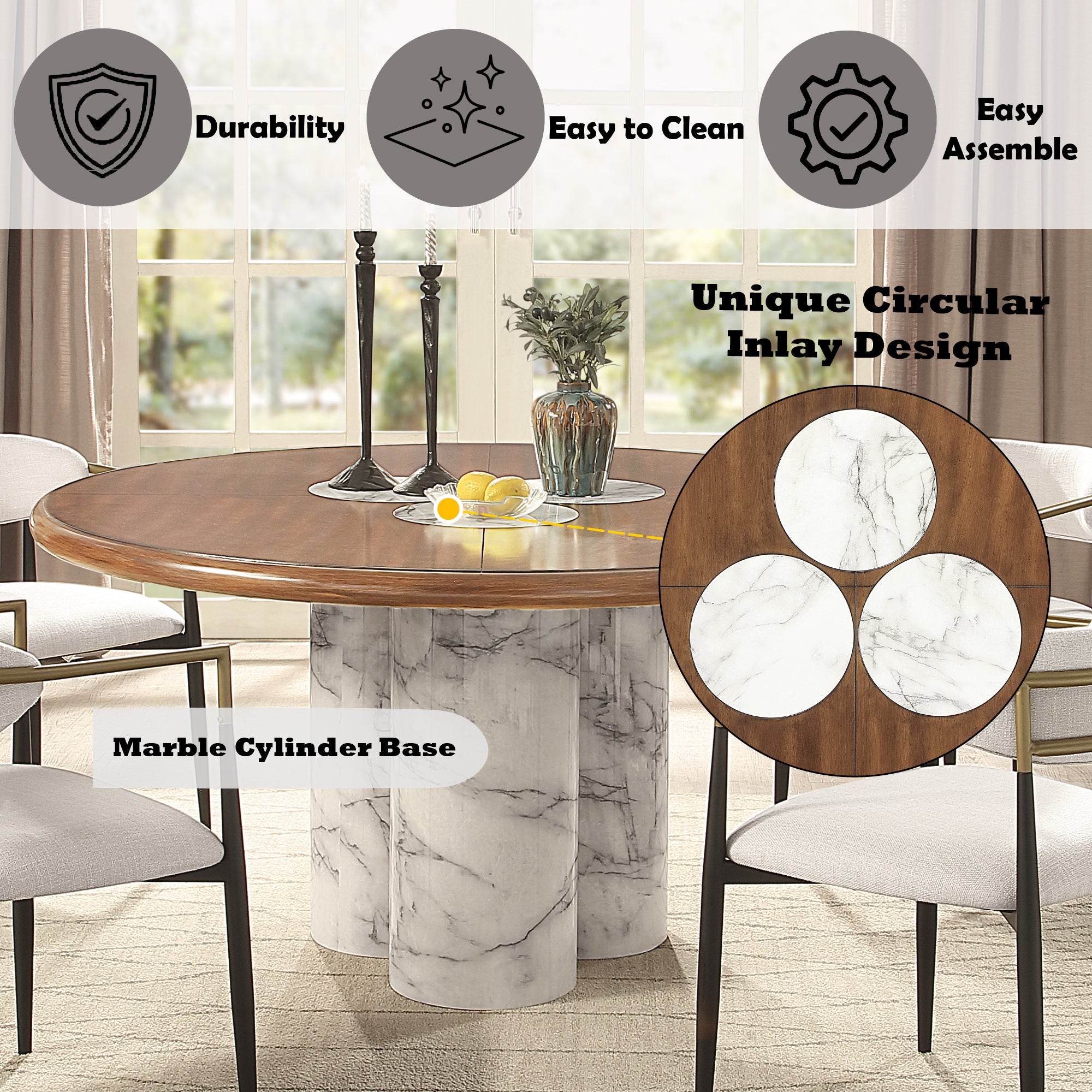 Engineered Stone & Brown Round Dining Table