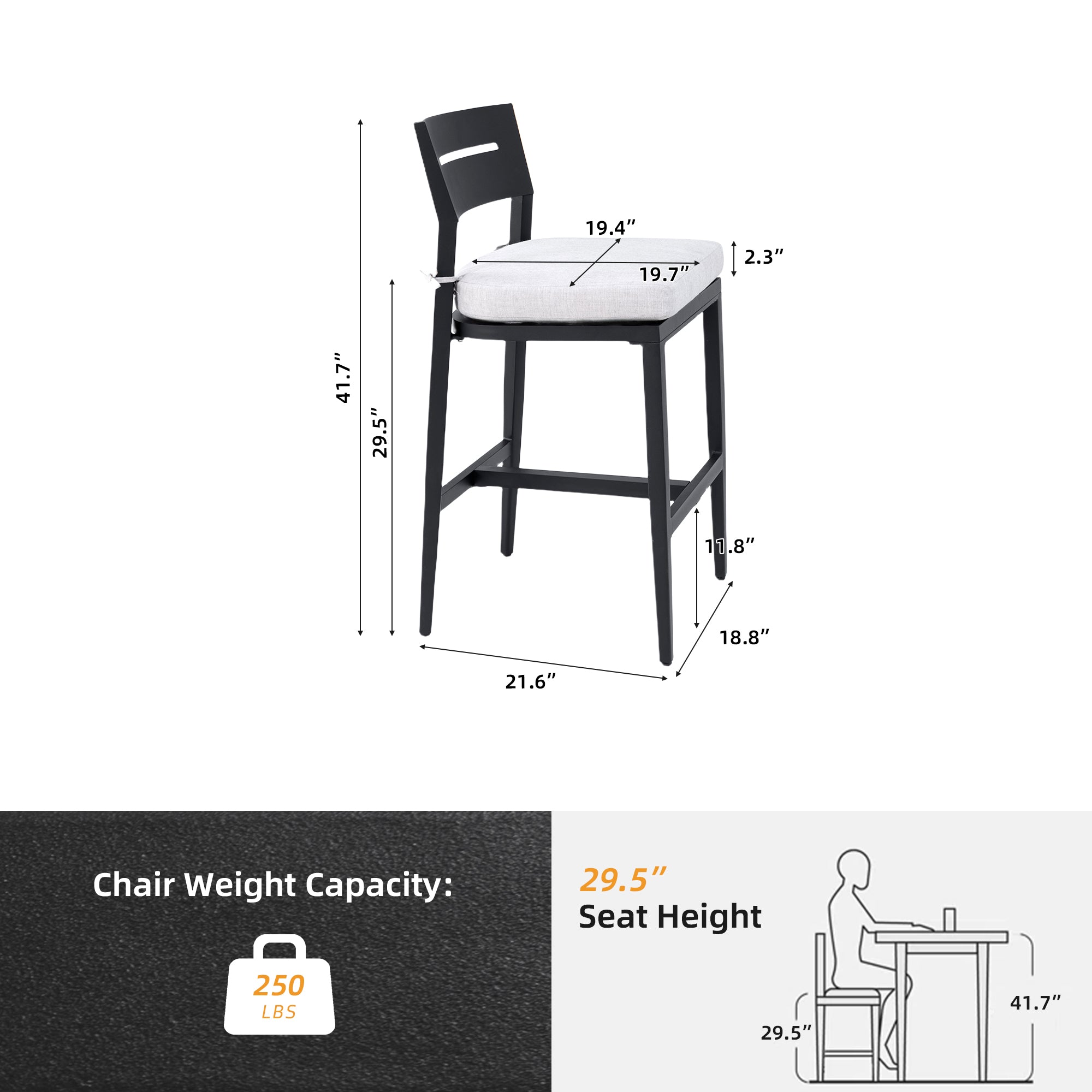 Outdoor Bar Stools | Aluminum Patio Bar Chair – Ergonomic Backrest, Tapered Legs, Footrest, Ember Black, Sunbrella Cushion, Weather-Resistant