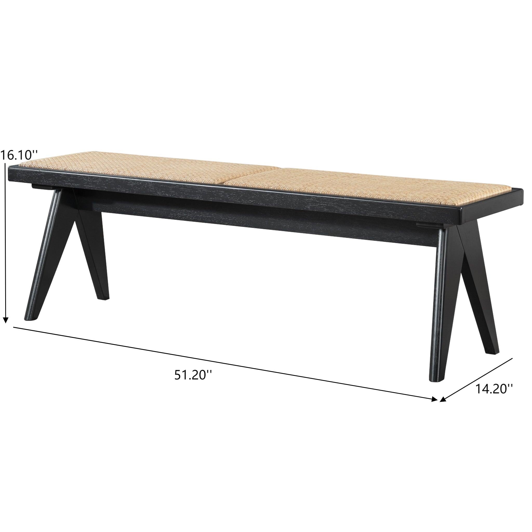 Natural Rattan Upholstered Bench | Black Solid Wood Legs – Mid-Century Modern Entryway/Bedroom/Living Room Bench