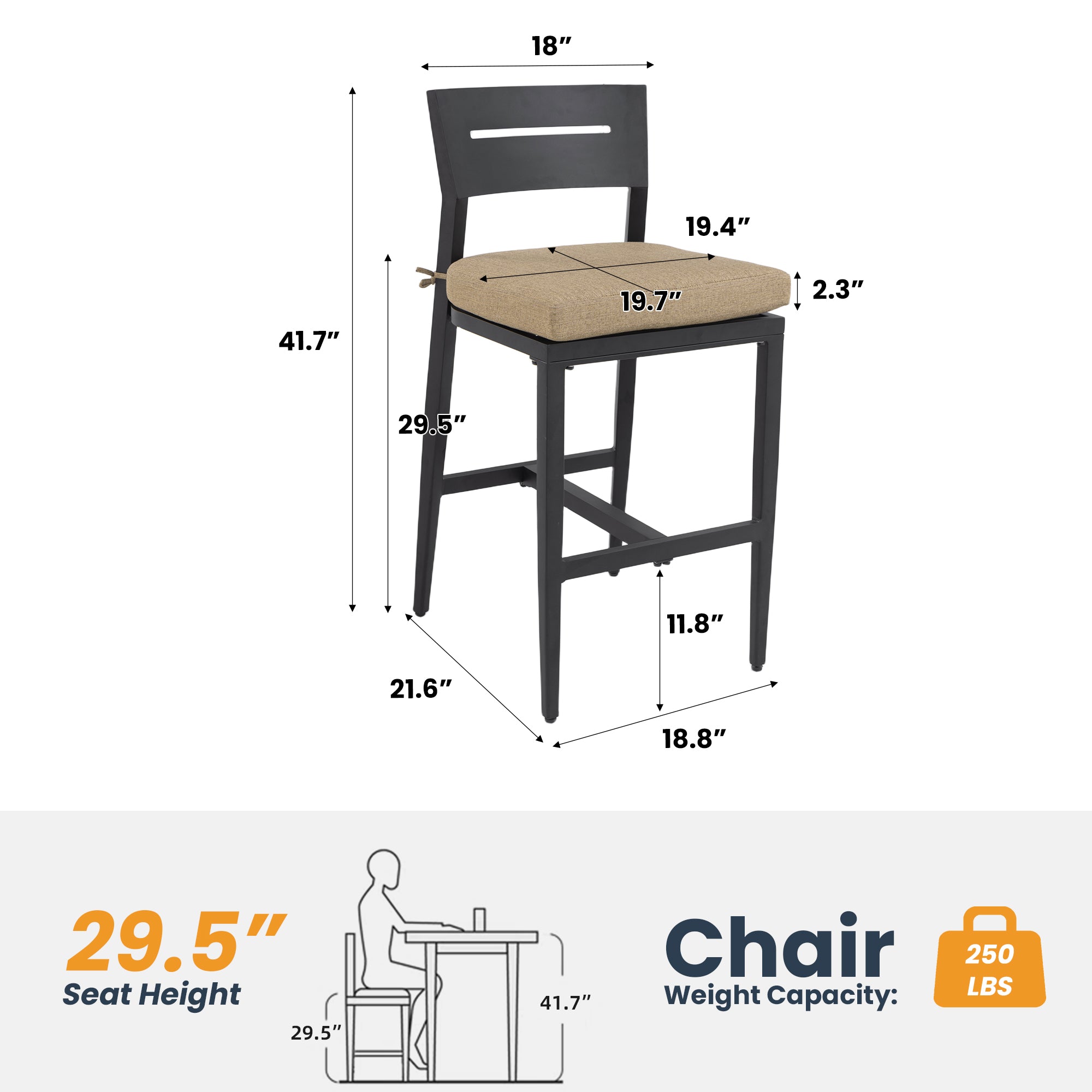 Outdoor Bar Stools | Aluminum Patio Bar Chair – Ergonomic Backrest, Tapered Legs, Footrest, Ember Black, Sunbrella Cushion, Weather-Resistant