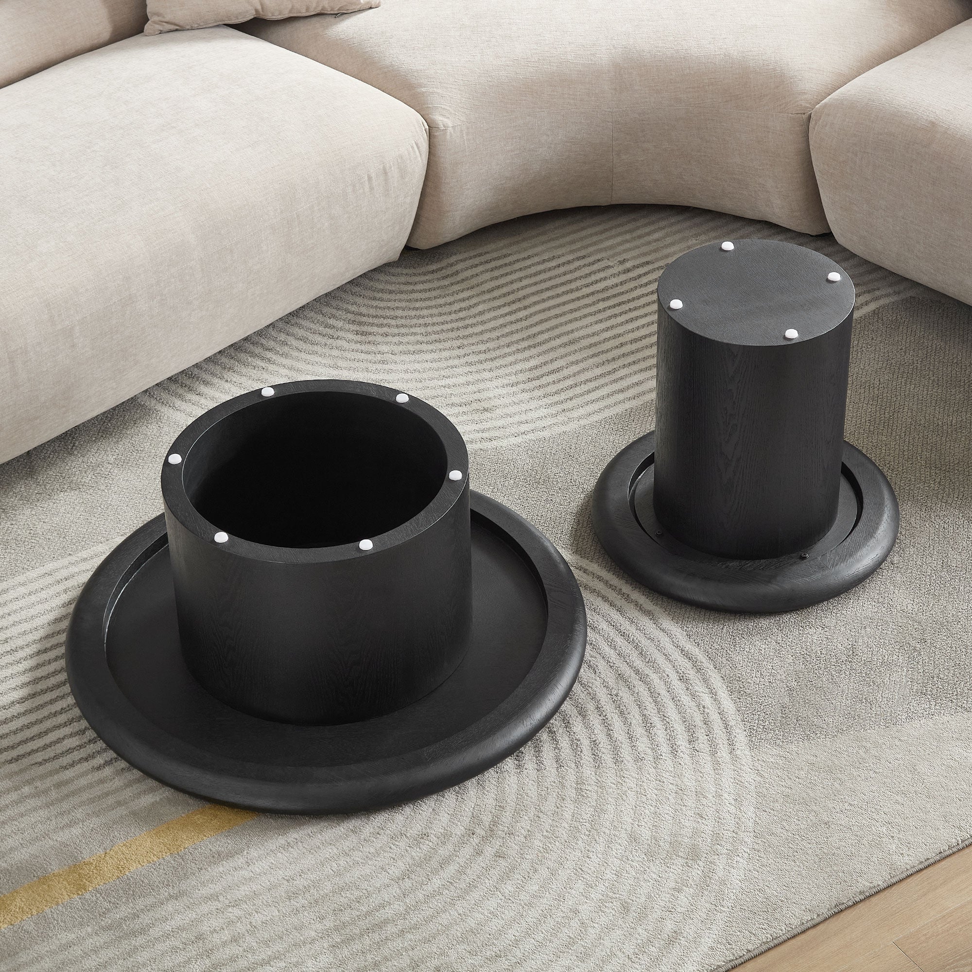 Modern Round Coffee Table Set for Living Room | Easy Assembly Nesting Tables – 2-Piece Stackable Coffee &amp; End Side Tables (Walnut/Black)