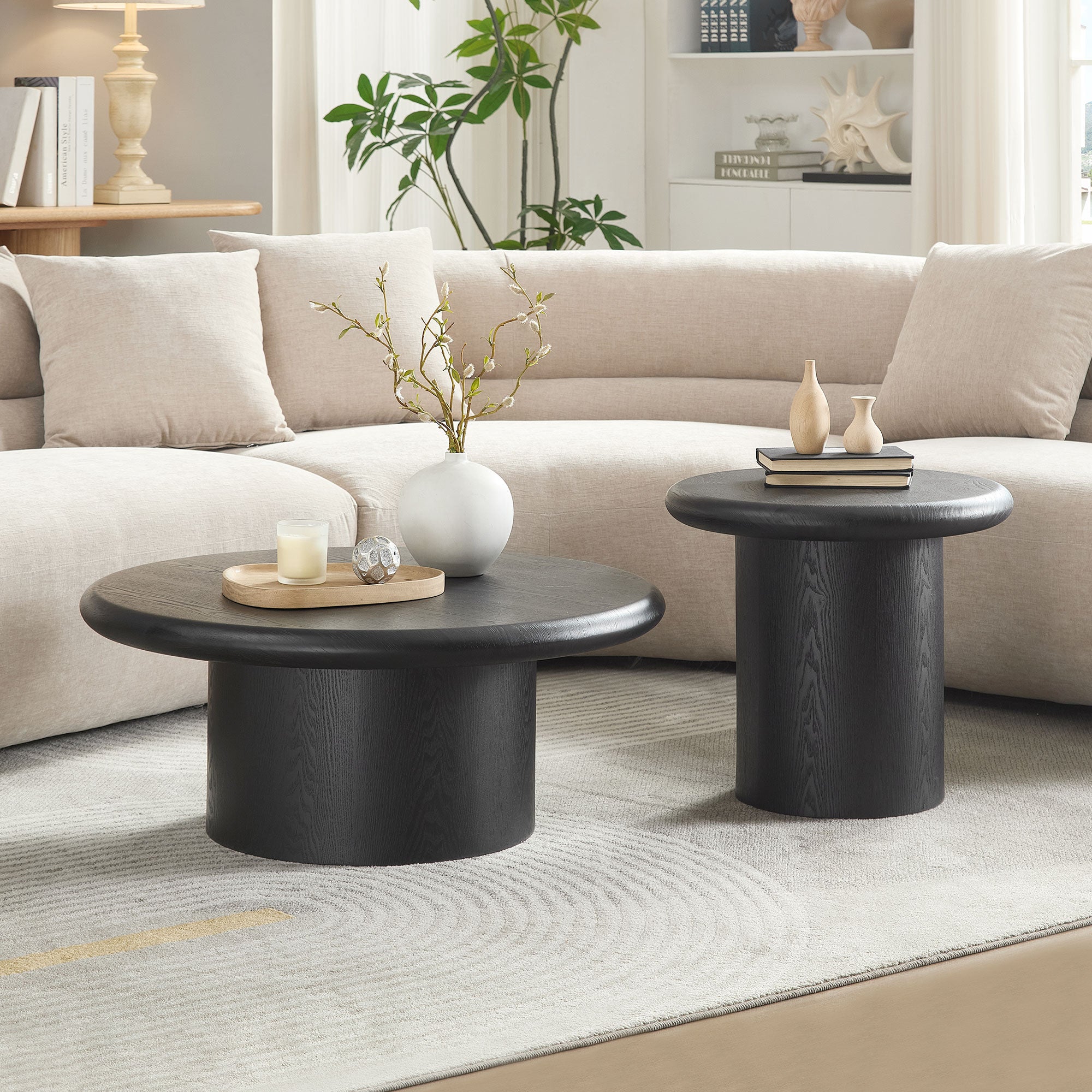 Modern Round Coffee Table Set for Living Room | Easy Assembly Nesting Tables – 2-Piece Stackable Coffee &amp; End Side Tables (Walnut/Black)