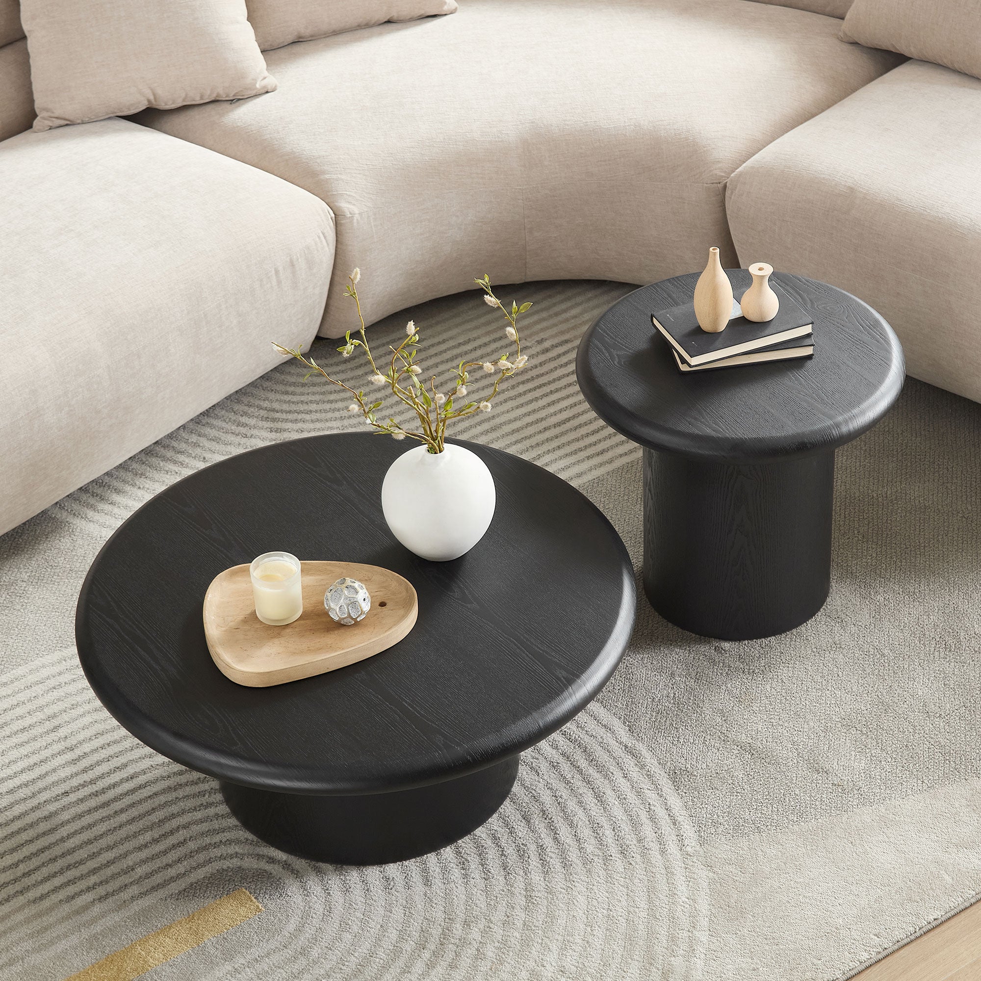Modern Round Coffee Table Set for Living Room | Easy Assembly Nesting Tables – 2-Piece Stackable Coffee &amp; End Side Tables (Walnut/Black)