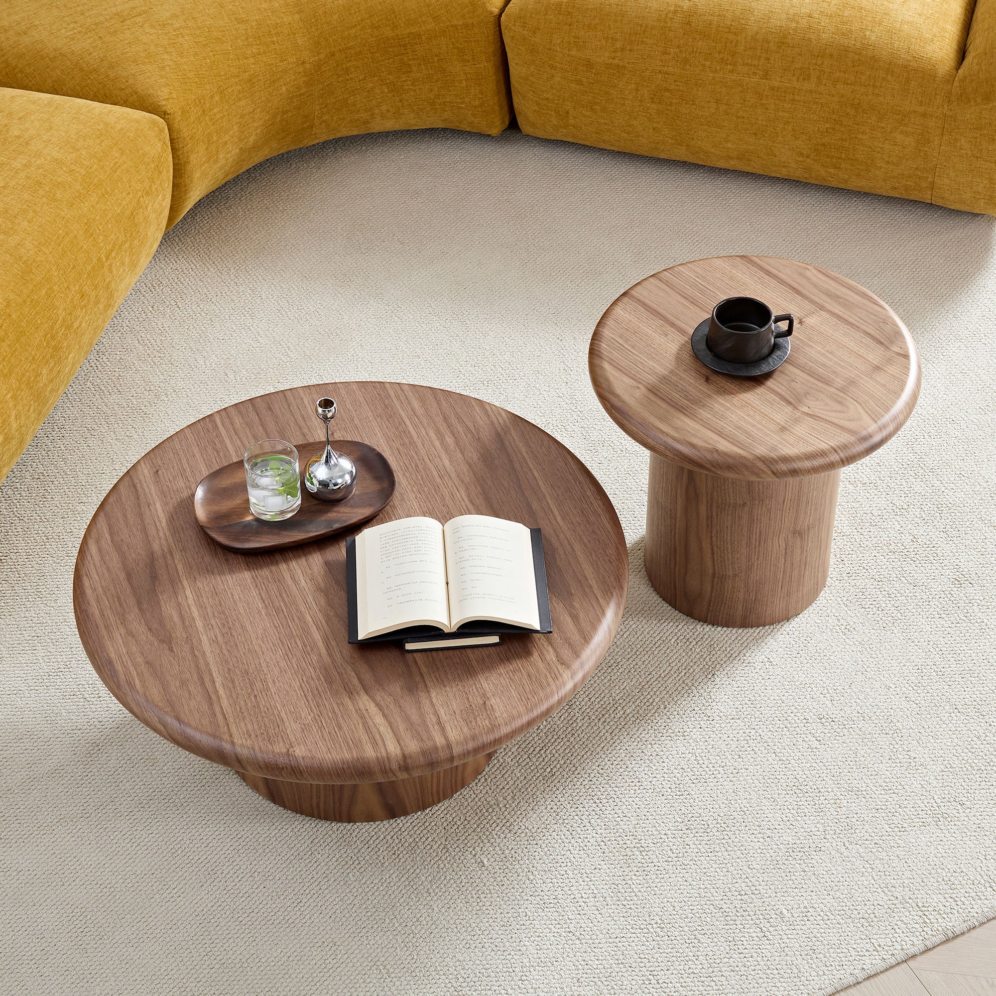 Modern Round Coffee Table Set for Living Room | Easy Assembly Nesting Tables – 2-Piece Stackable Coffee &amp; End Side Tables (Walnut/Black)