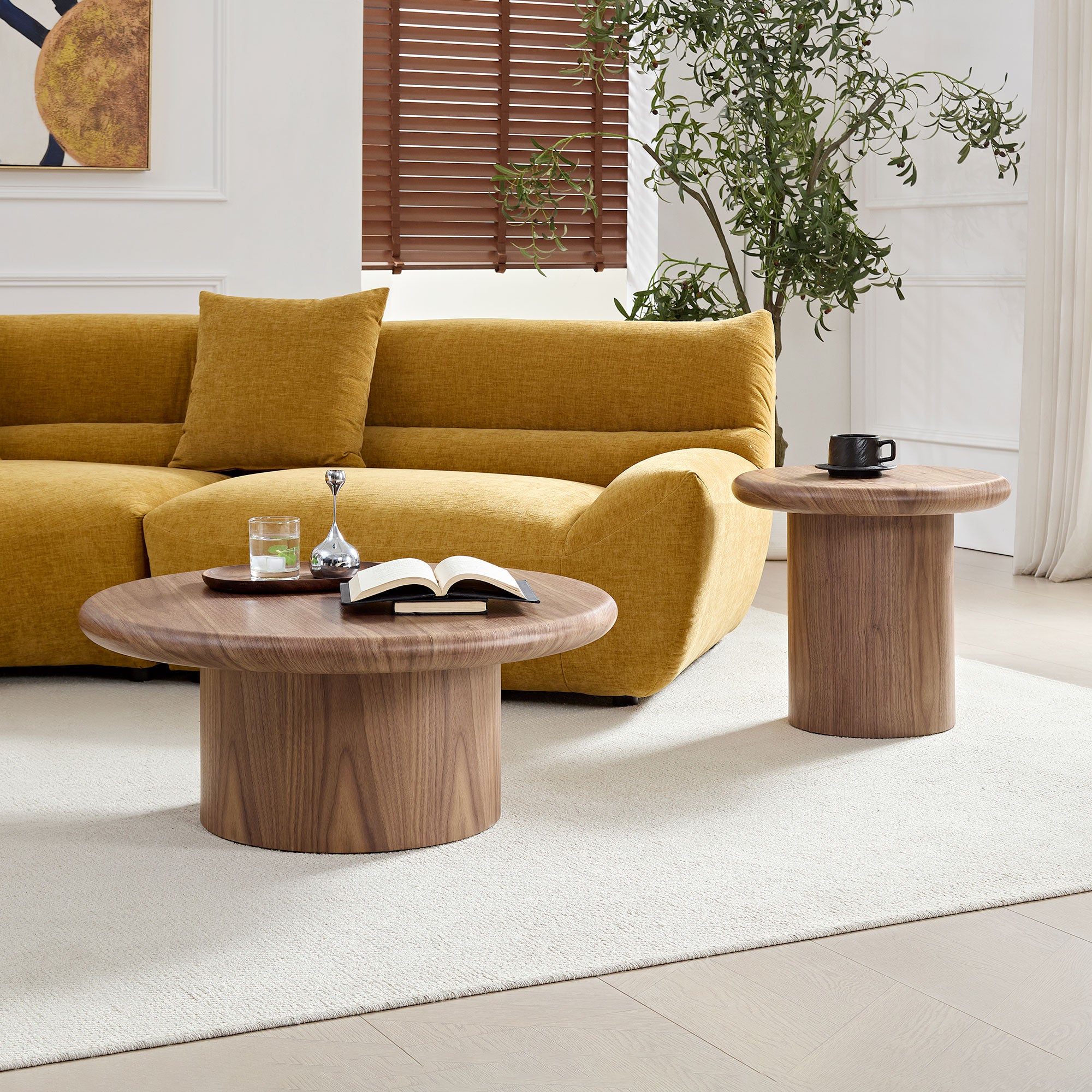 Modern Round Coffee Table Set for Living Room | Easy Assembly Nesting Tables – 2-Piece Stackable Coffee &amp; End Side Tables (Walnut/Black)