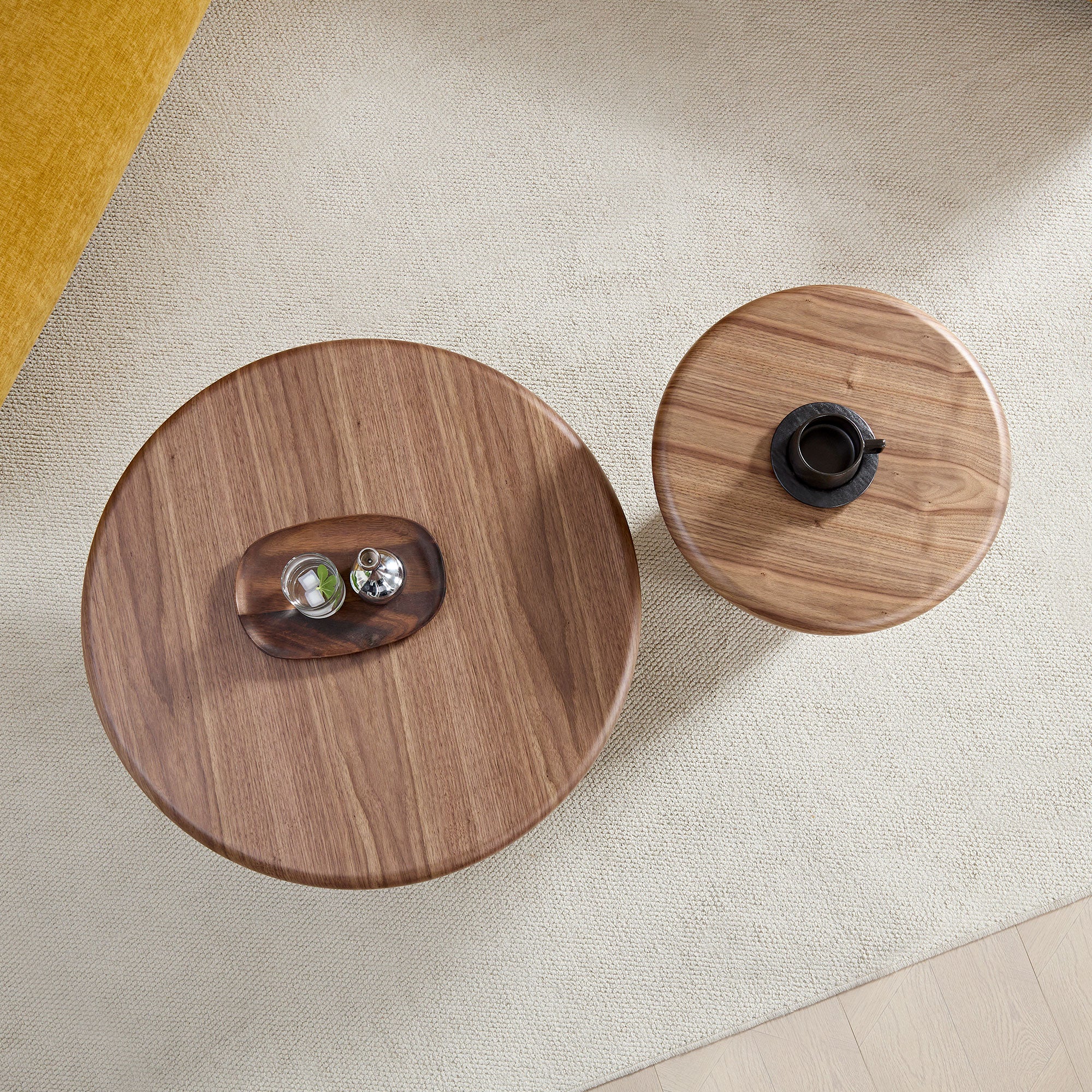 Modern Round Coffee Table Set for Living Room | Easy Assembly Nesting Tables – 2-Piece Stackable Coffee &amp; End Side Tables (Walnut/Black)