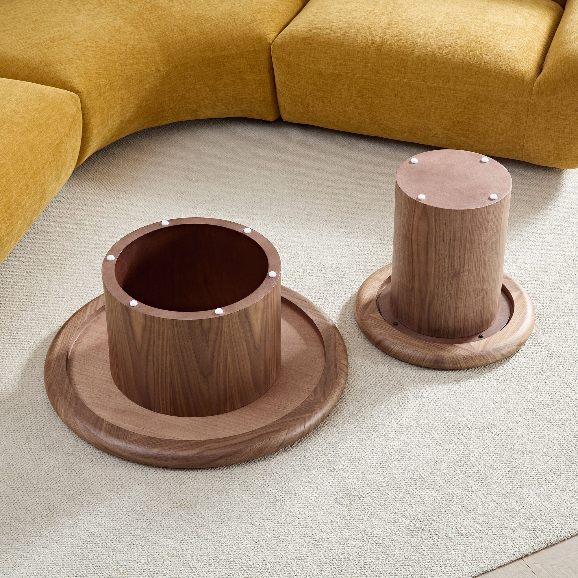 Modern Round Coffee Table Set for Living Room | Easy Assembly Nesting Tables – 2-Piece Stackable Coffee &amp; End Side Tables (Walnut/Black)