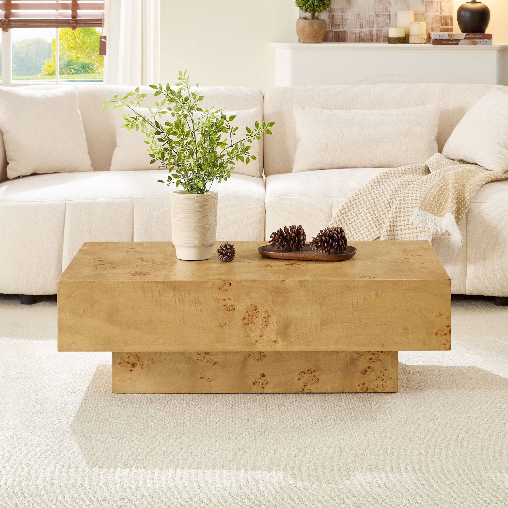 Wood Veneer Coffee Table | Rectangle Mid-Century Modern Table with Sturdy MDF Pedestal – 43.3" Burl Veneer for Living Room