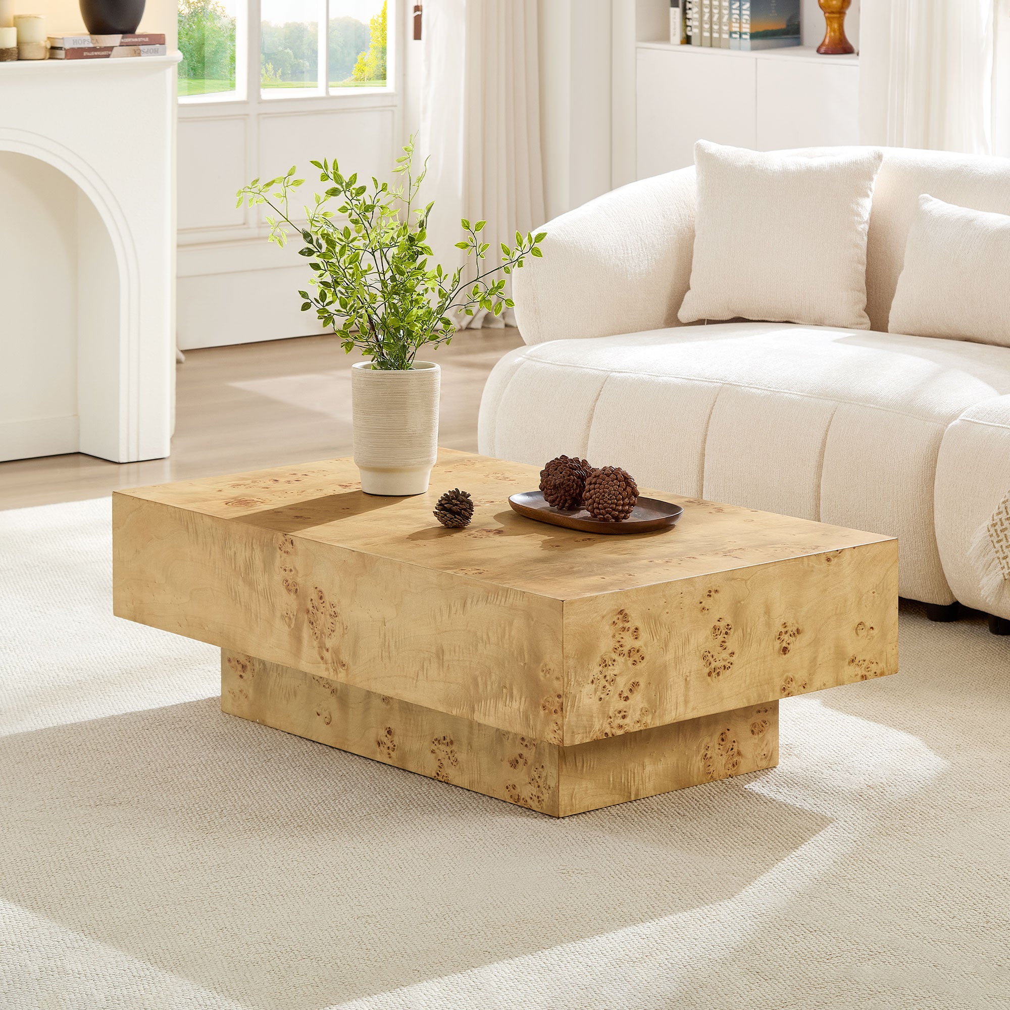 Wood Veneer Coffee Table | Rectangle Mid-Century Modern Table with Sturdy MDF Pedestal – 43.3" Burl Veneer for Living Room