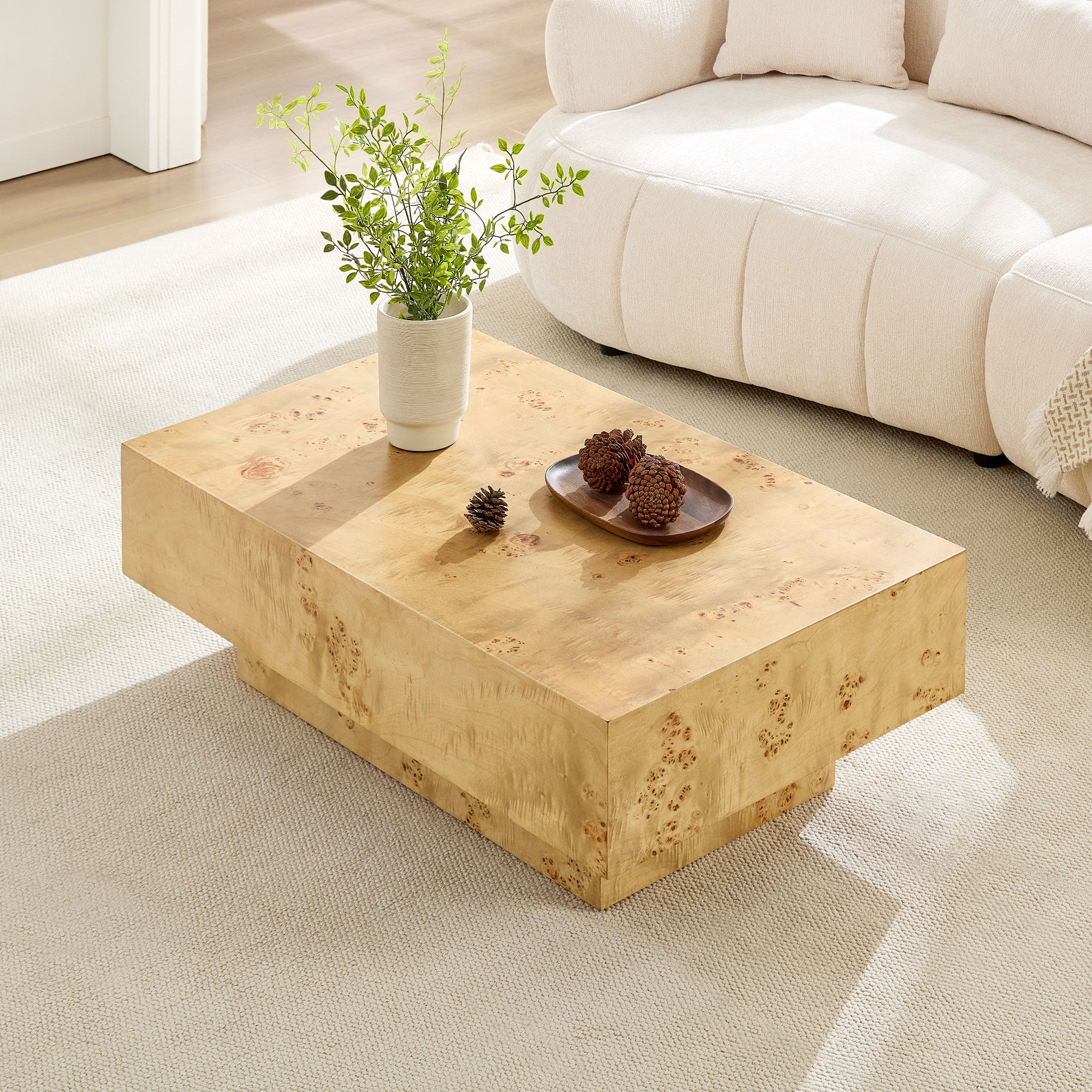 Wood Veneer Coffee Table | Rectangle Mid-Century Modern Table with Sturdy MDF Pedestal – 43.3" Burl Veneer for Living Room