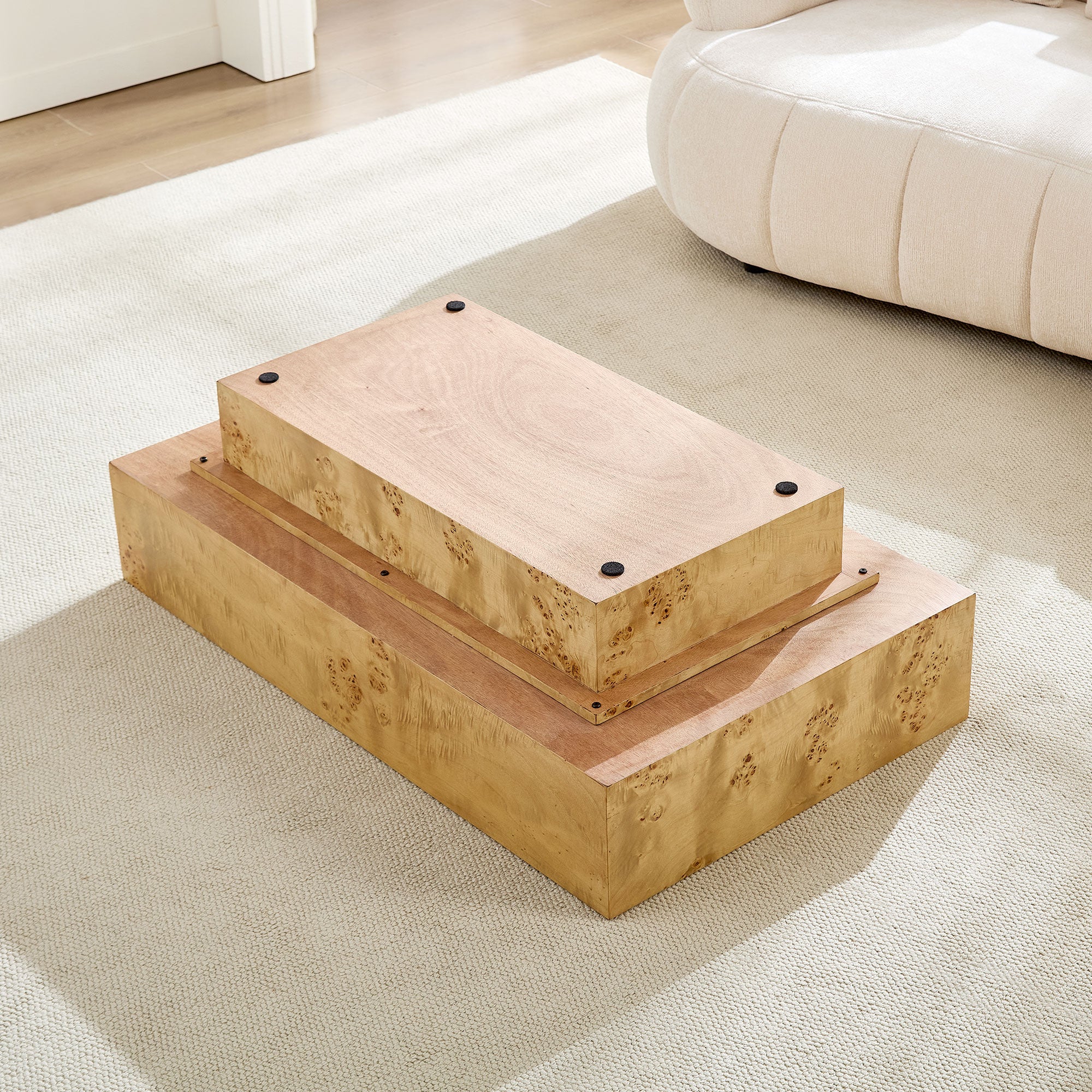 Wood Veneer Coffee Table | Rectangle Mid-Century Modern Table with Sturdy MDF Pedestal – 43.3" Burl Veneer for Living Room