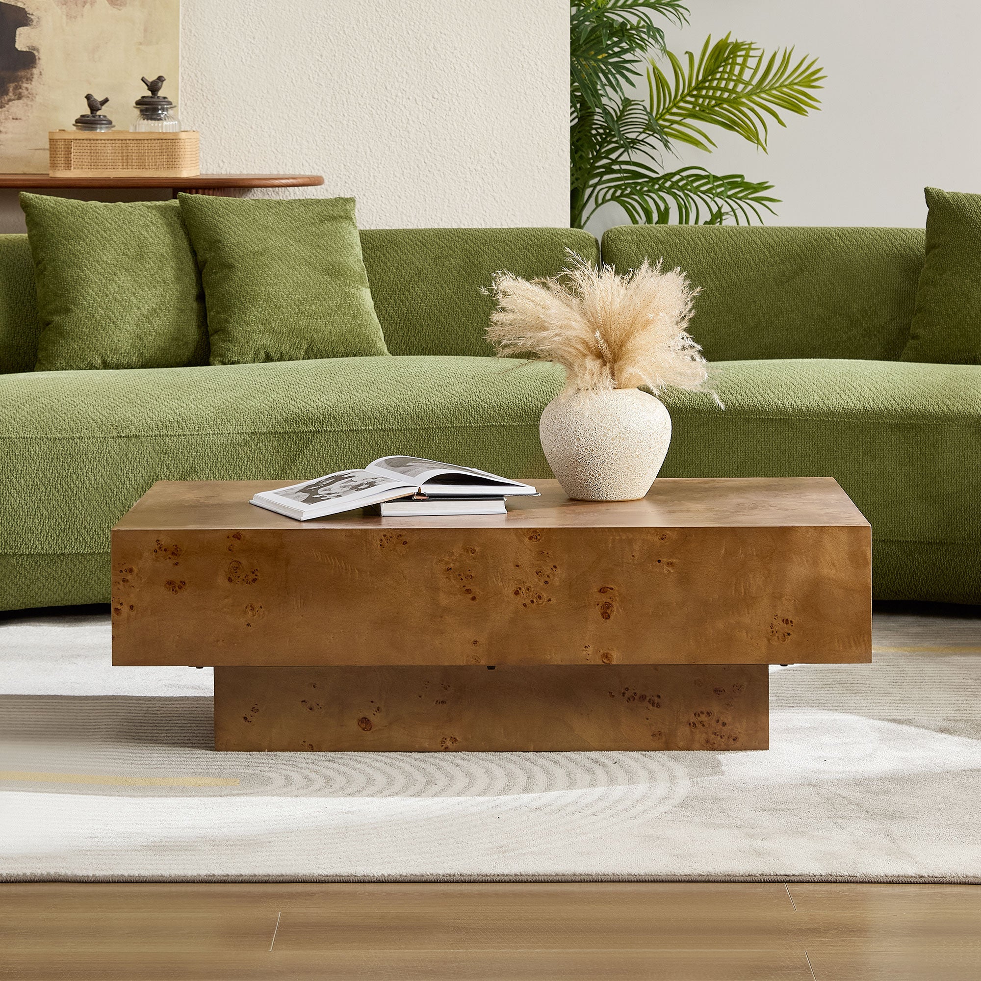 Wood Veneer Coffee Table | Rectangle Mid-Century Modern Table with Sturdy MDF Pedestal – 43.3" Burl Veneer for Living Room