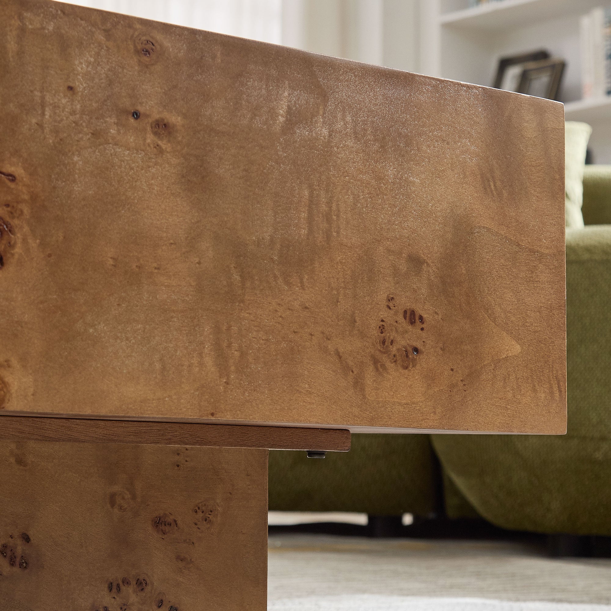 Wood Veneer Coffee Table | Rectangle Mid-Century Modern Table with Sturdy MDF Pedestal – 43.3" Burl Veneer for Living Room