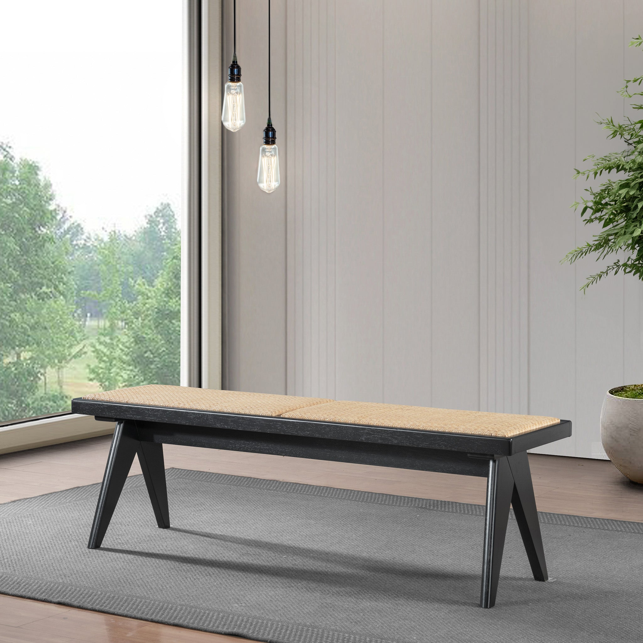 Natural Rattan Upholstered Bench | Black Solid Wood Legs – Mid-Century Modern Entryway/Bedroom/Living Room Bench