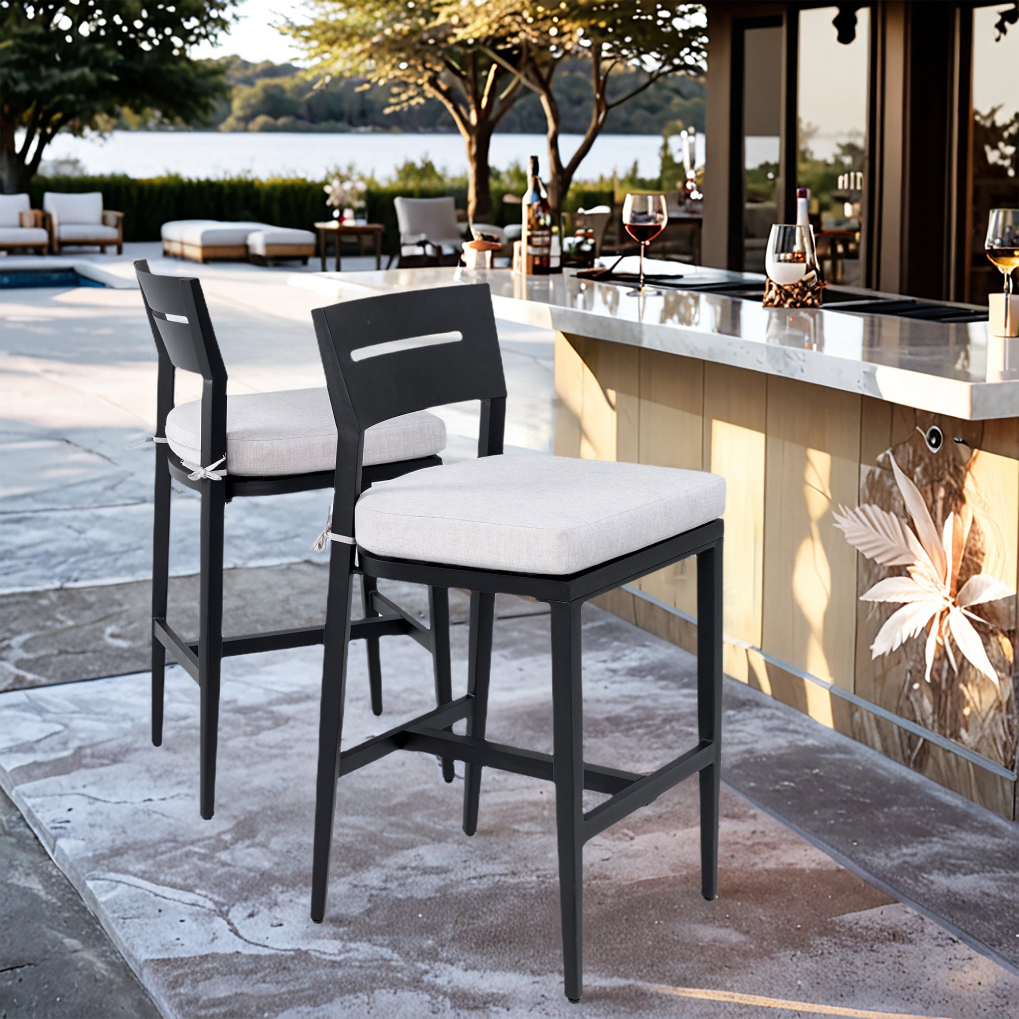 Outdoor Bar Stools | Aluminum Patio Bar Chair – Ergonomic Backrest, Tapered Legs, Footrest, Ember Black, Sunbrella Cushion, Weather-Resistant