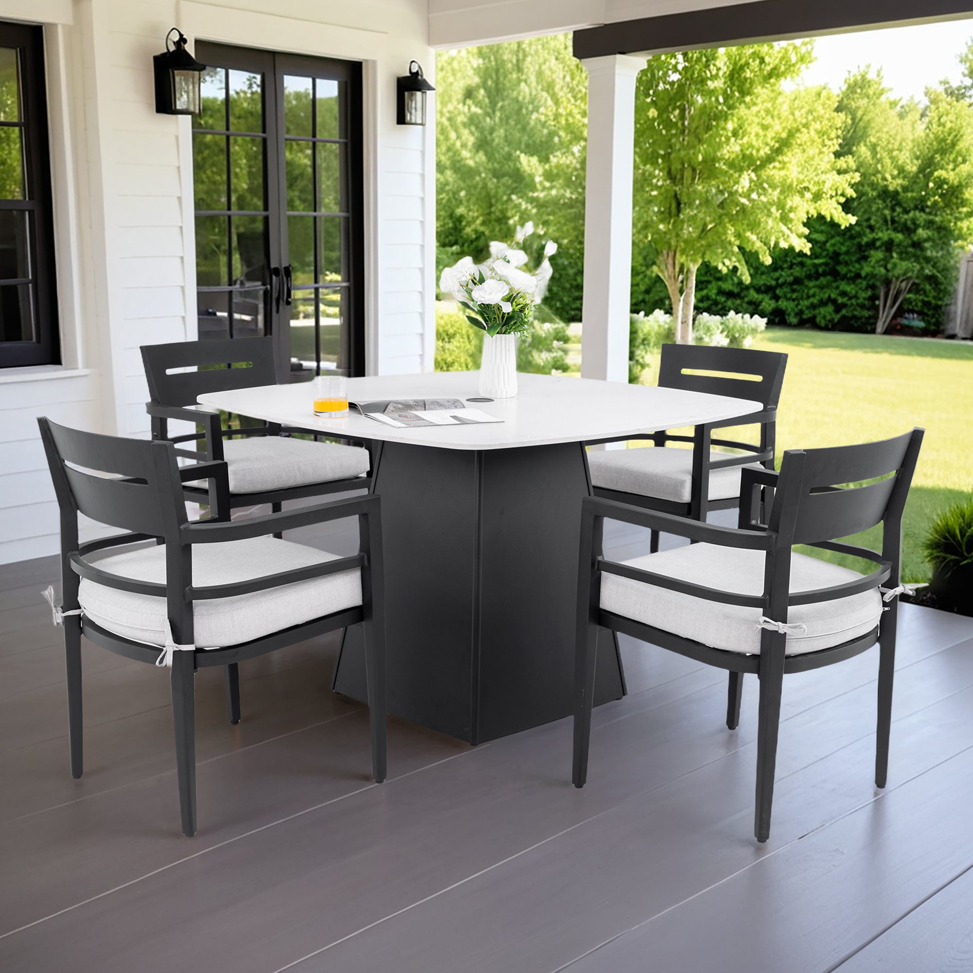 Outdoor Pedestal Dining Set | 44" Rounded Square Sintered Stone Table + 4 Armchairs – Sunbrella Cushions, Rust-Free Aluminum, Weather-Resistant